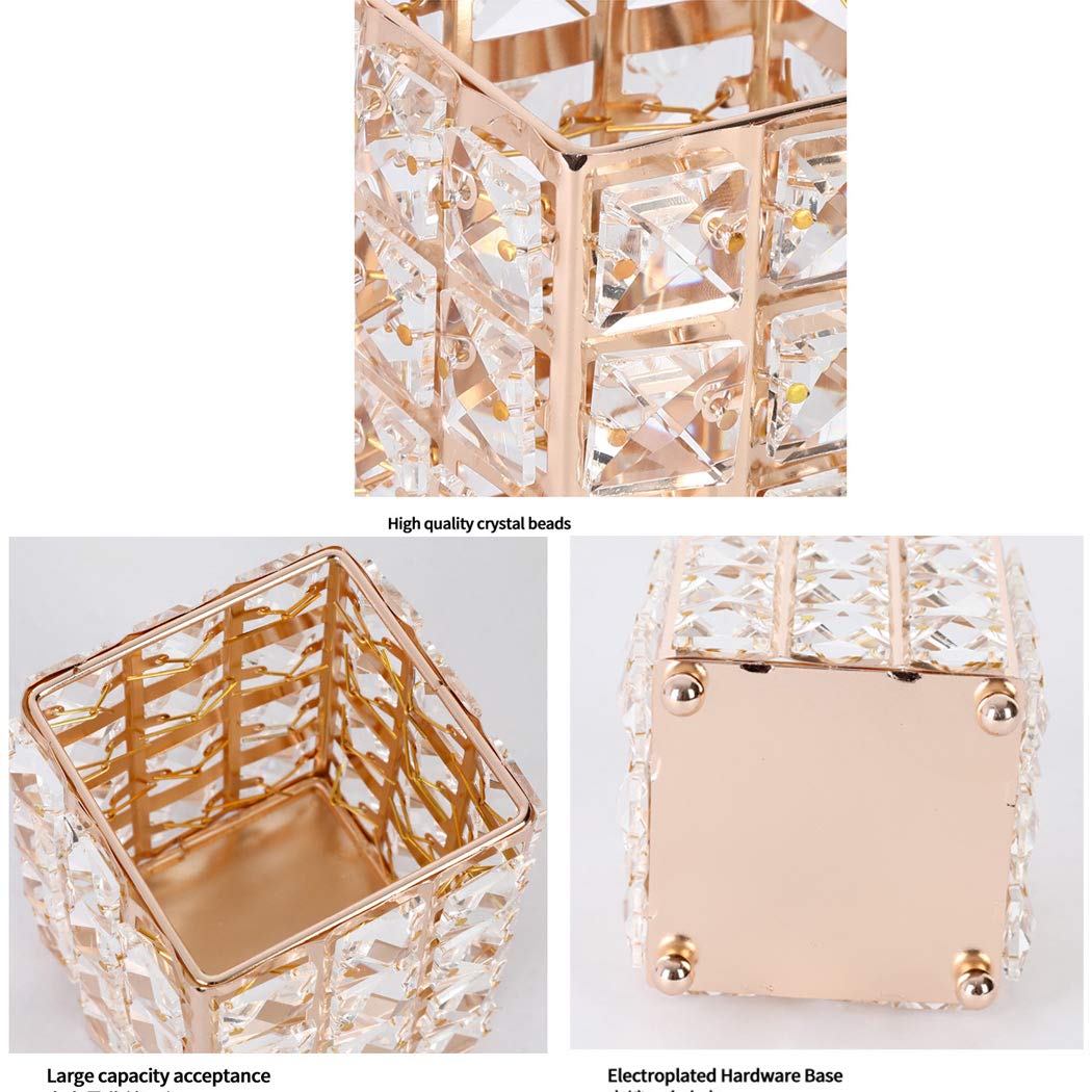 Handmade Crystal Makeup Brush Holder & Eyebrow Pencil Organizer - Gold Square Cosmetic Storage for Vanity, Bathroom, Office Desk | Perfect for Beauty Tools, Stationery & Desk Accessories Organization