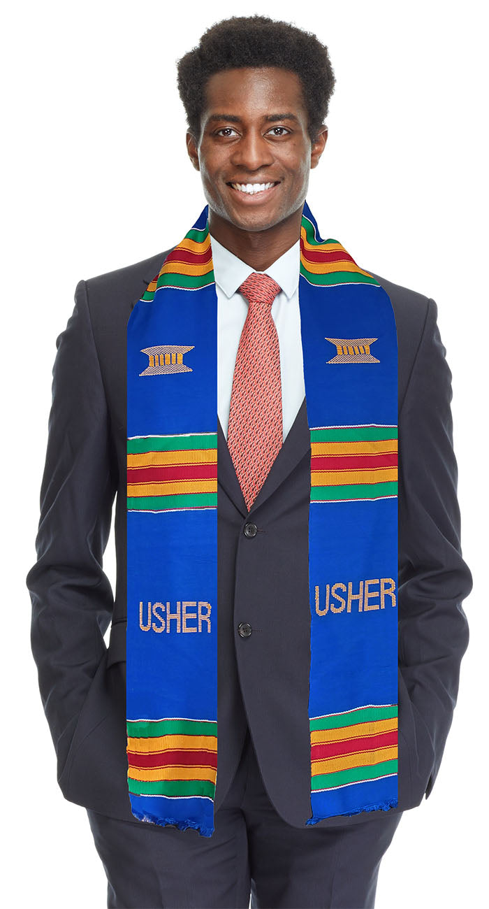 Authentic Blue USHER Kente Cloth Sash & Stole - African Heritage Scarf for Graduation, Wedding & Cultural Events