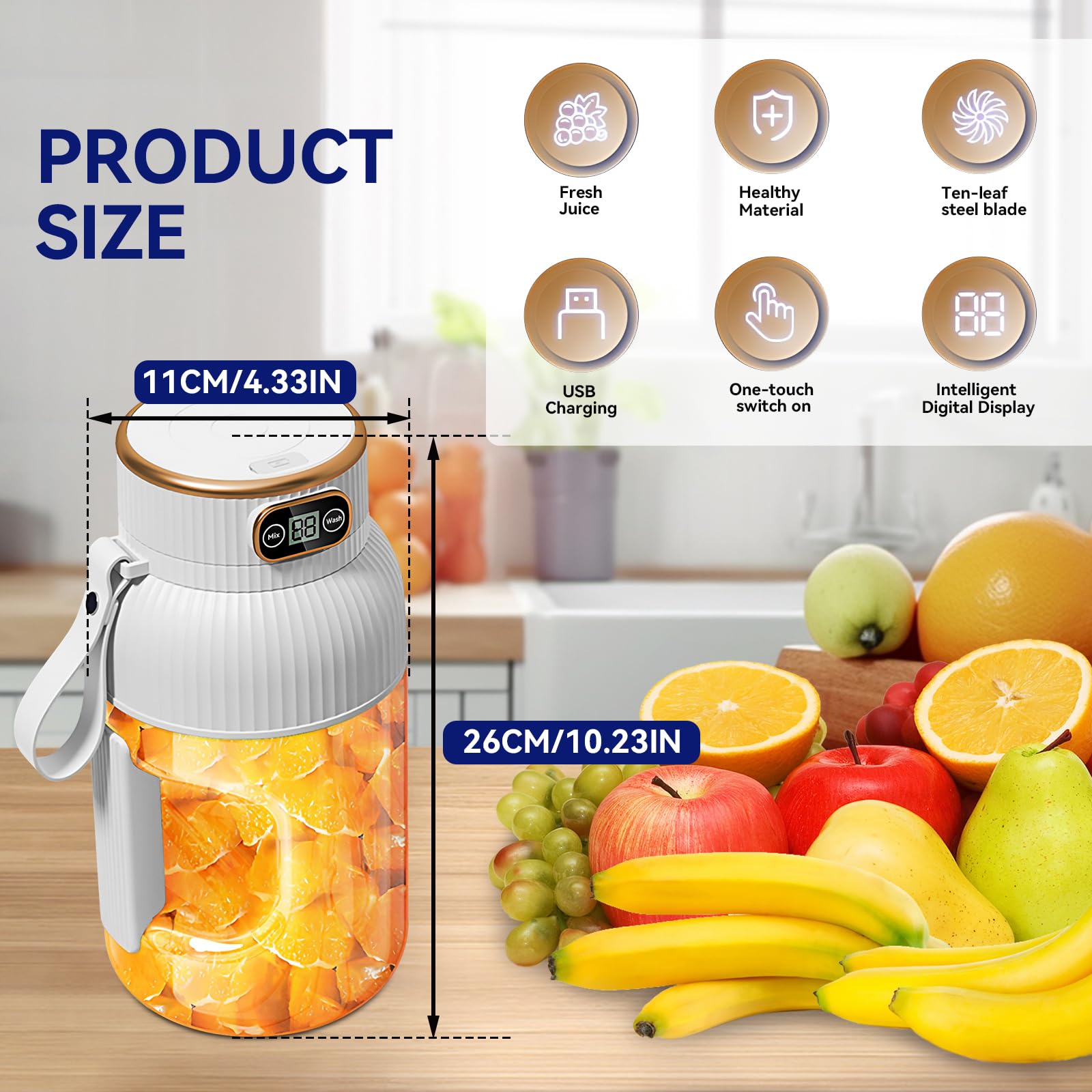 2024 Upgraded Portable Juicer Blender with Digital Display - 400W High Speed USB Rechargeable Smoothie Maker for Fruits, Vegetables, Milkshakes - Compact Travel Blender for Gym, Office, Camping (White)