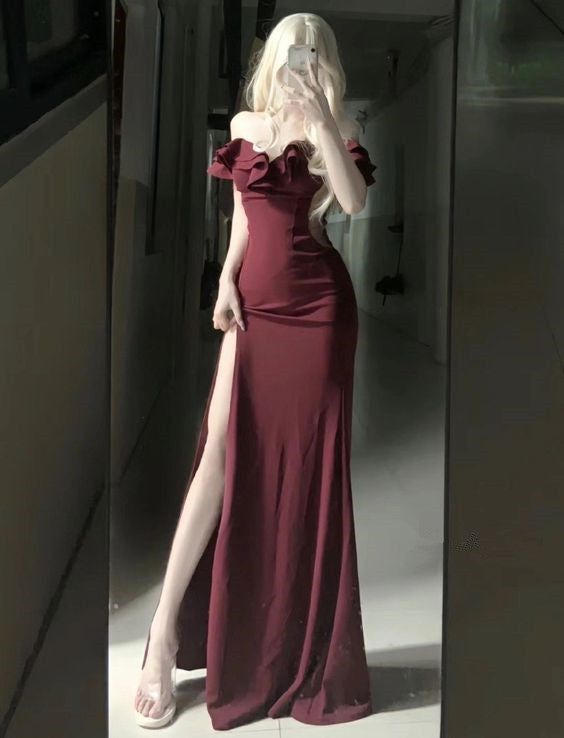 Elegant Off-The-Shoulder Burgundy Long Prom Dress Mermaid Style Party Gown with High Slit J3209 - Perfect for Homecoming, Evening Parties, and Formal Events