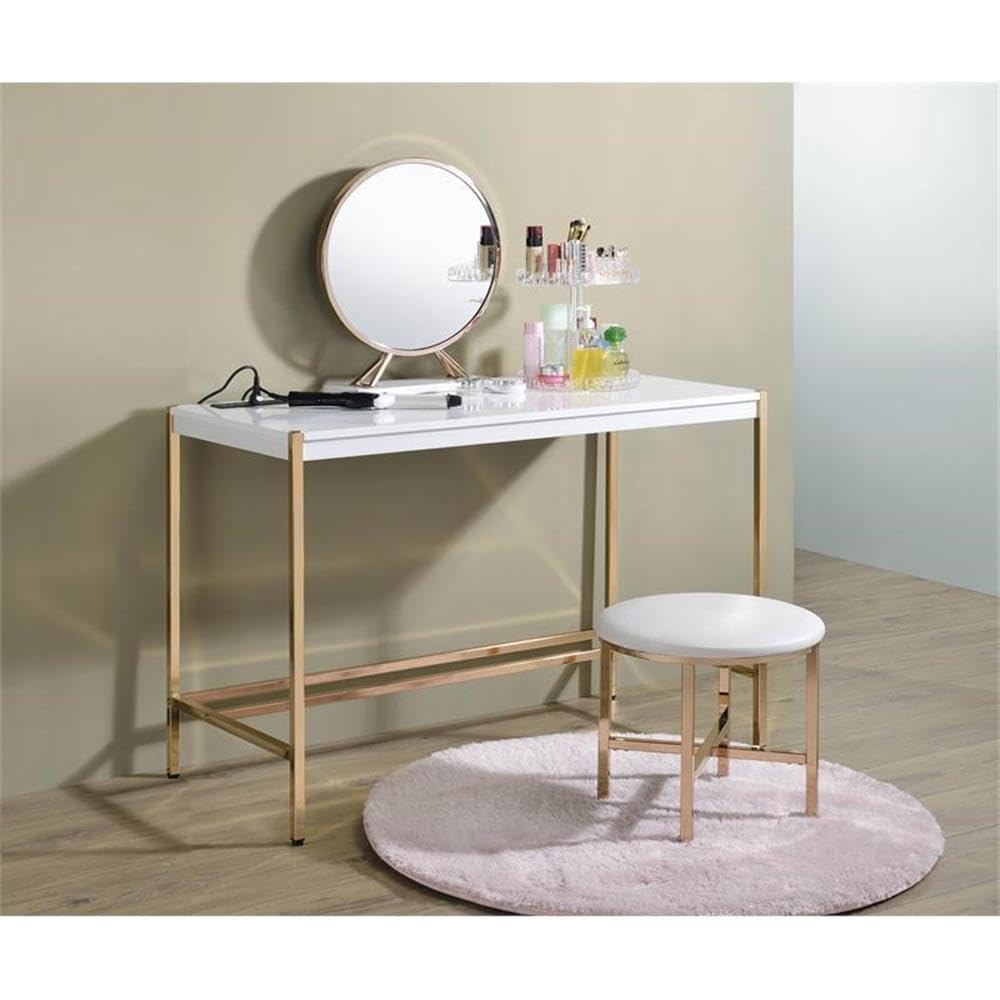 Acme Midriaks White and Gold Wooden Writing Desk with USB Port - Perfect for Home Office, Study Room & Small Spaces