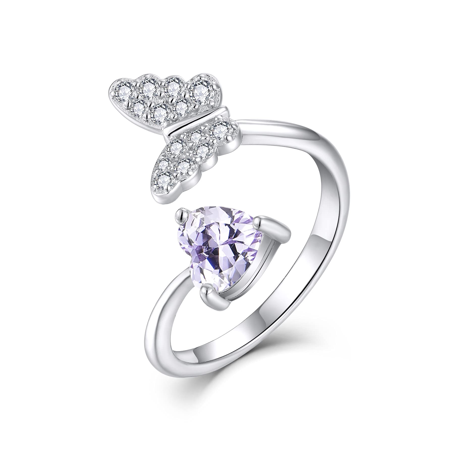Silver Butterfly Ring with Heart Birthstone - Adjustable Women's Jewelry for Gifts & Parties