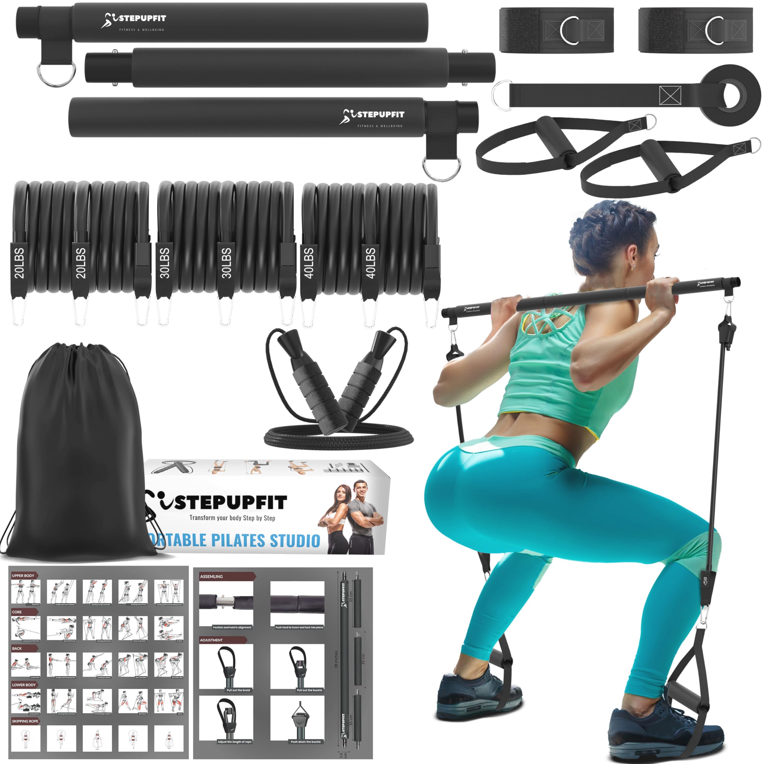 3-Section Yoga Pilates Bar Set with Resistance Bands & Jump Rope - Adjustable Home Gym Equipment for Full Body Workout - Perfect for Travel, Men & Women of All Heights - Ideal for Yoga, Pilates, Strength Training & Cardio Exercises