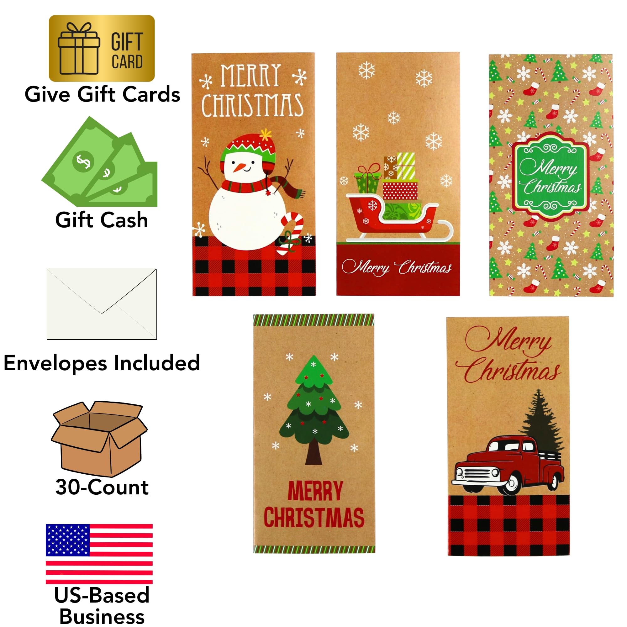 Premium Kraft Christmas Gift Card Holders & Money Envelopes - 30-Pack Set for Holiday Gifting, Cash Gifts, and Stocking Stuffers | Perfect for Office Parties, Secret Santa, and Family Celebrations