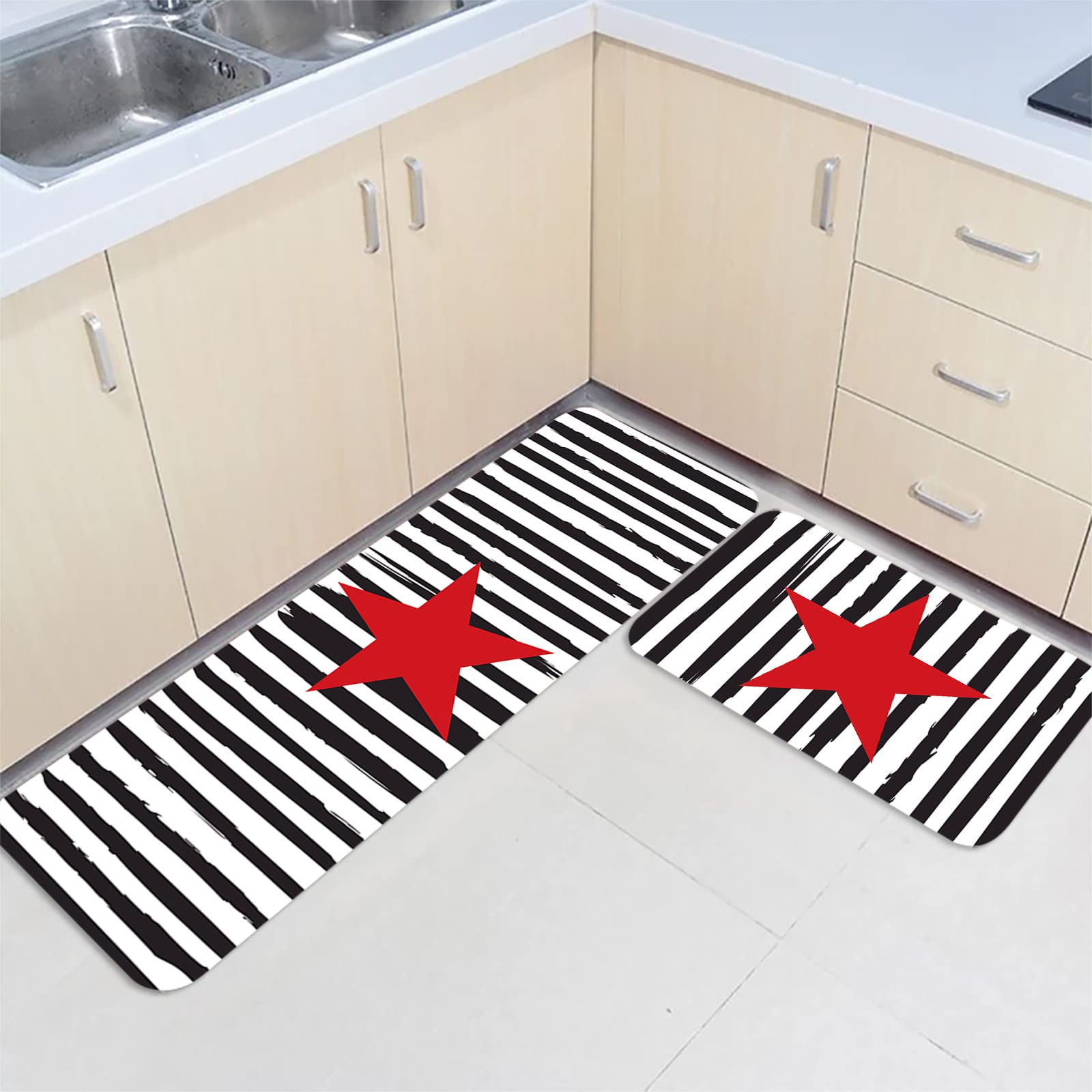 2-Pack Independence Day Patriotic Kitchen Mats - Non-Slip Waterproof Floor Mats for Kitchen, Office & Laundry - Red Star & Black White Stripes Design - Perfect for Sink Areas & Standing Comfort