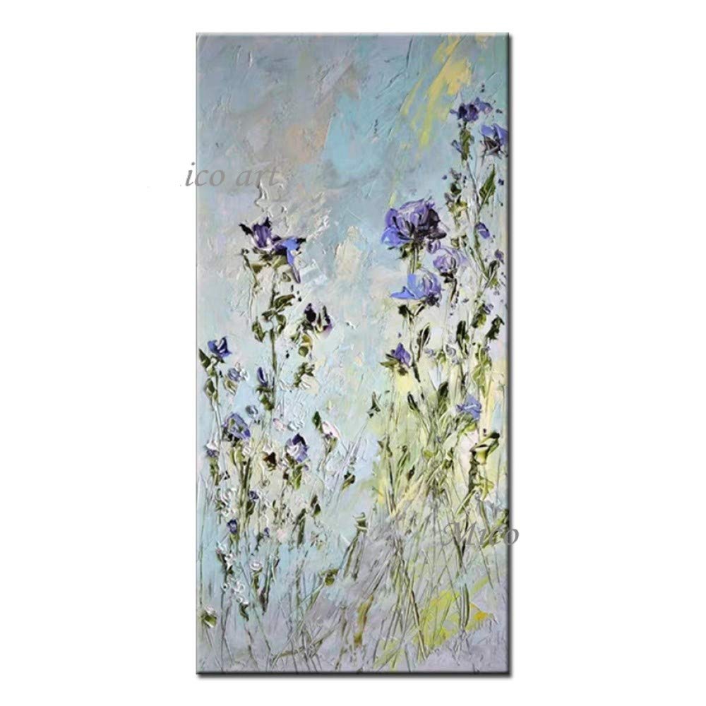 Hand-Painted Textured Abstract Purple Floral Oil Painting on Canvas - Modern Wall Art for Living Room, Bedroom & Home Decor (28x48 Inch, Unframed) | Perfect for Contemporary Interior Design & Housewarming Gifts
