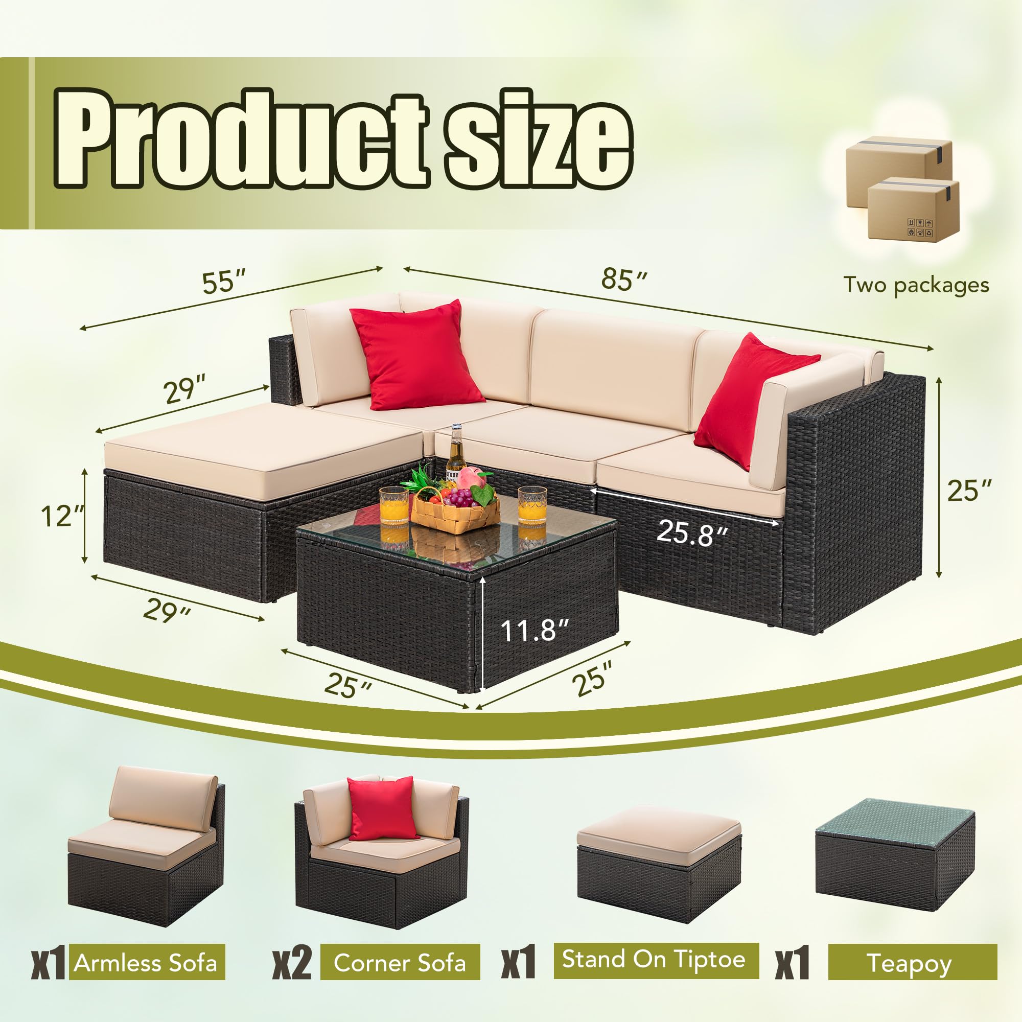 Greesum 5-Piece Outdoor Patio Furniture Set - Wicker Rattan Sofa with Cushions, Pillows & Glass Coffee Table - Beige Conversation Set for Porch, Lawn, Garden, Backyard and Poolside Relaxation