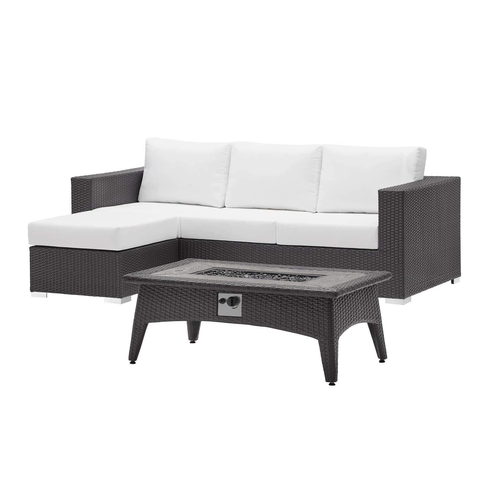 Modern Outdoor Patio Lounge Sofa Set with Chair & Coffee Table - Wicker Rattan Furniture with Fire Pit - White - Perfect for Backyard, Garden & Poolside Relaxation