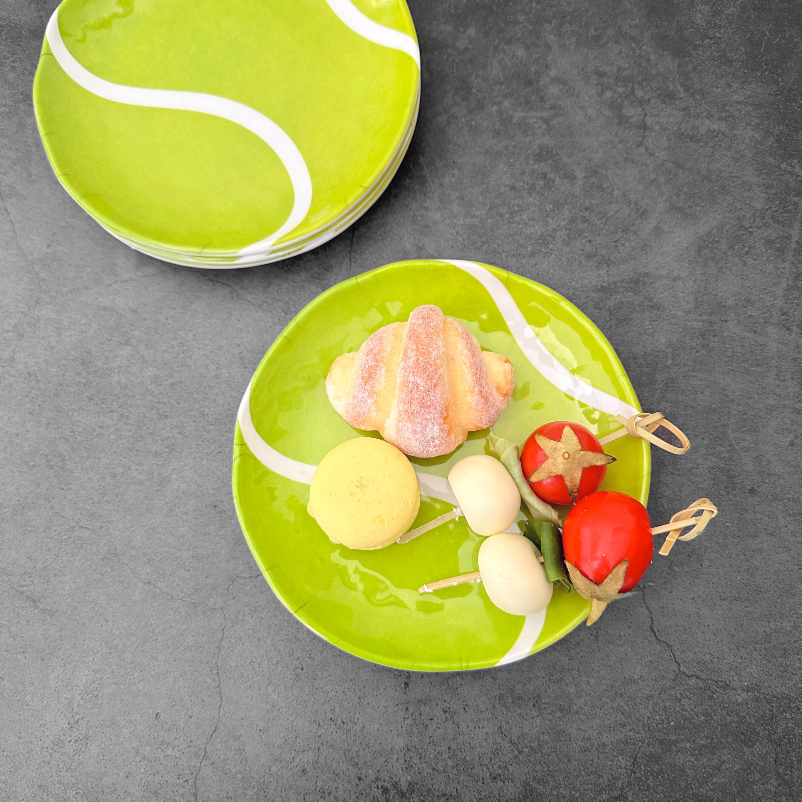 UPware 6-Inch Melamine Tennis Ball Dessert Plates - Set of 4 Green Small Serving Dishes for Appetizers, Snacks & Side Dishes | Perfect for Picnics, BBQs, and Outdoor Parties