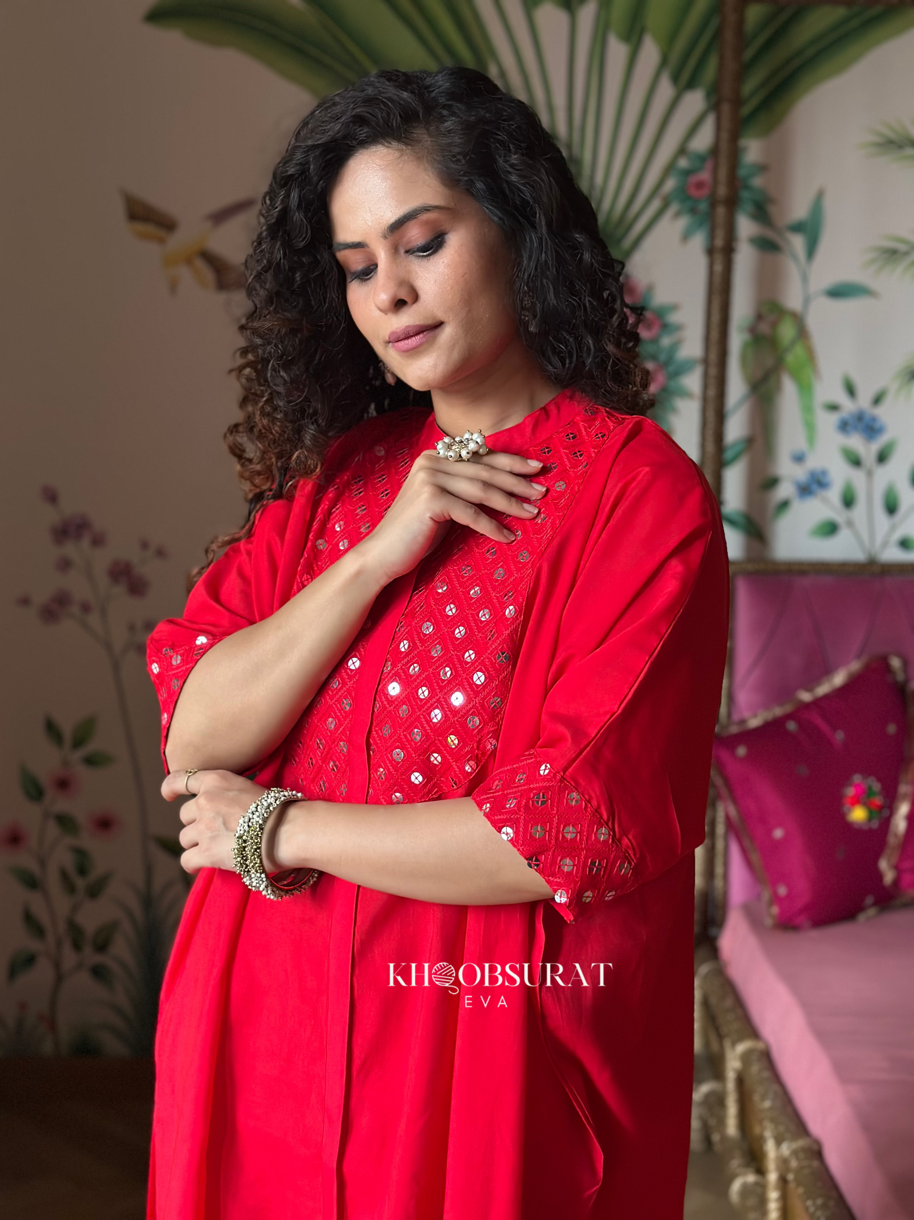 Stylish Indian Red Kaftan Set for Women - Traditional Ethnic Embroidered Long Dress with Pants - Perfect for Festivals, Weddings & Boho Chic Outfits