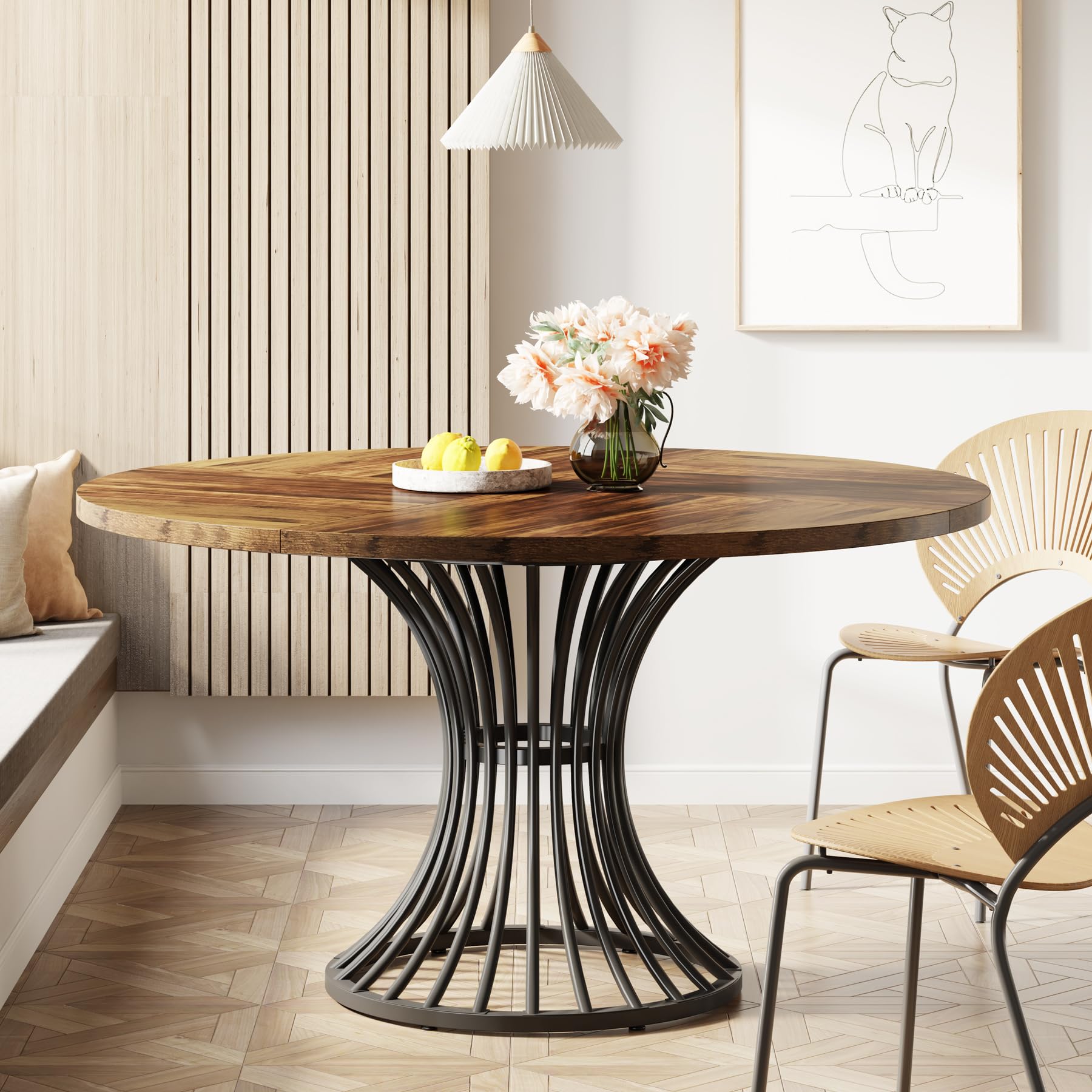 Tribesigns 47-Inch Round Dining Table for 4-6 People, Farmhouse Kitchen Table with Metal Base, Industrial Style Circle Dinner Table for Kitchen, Living Room, Dining Room - Black and Brown Finish, Perfect for Family Meals and Entertaining Guests