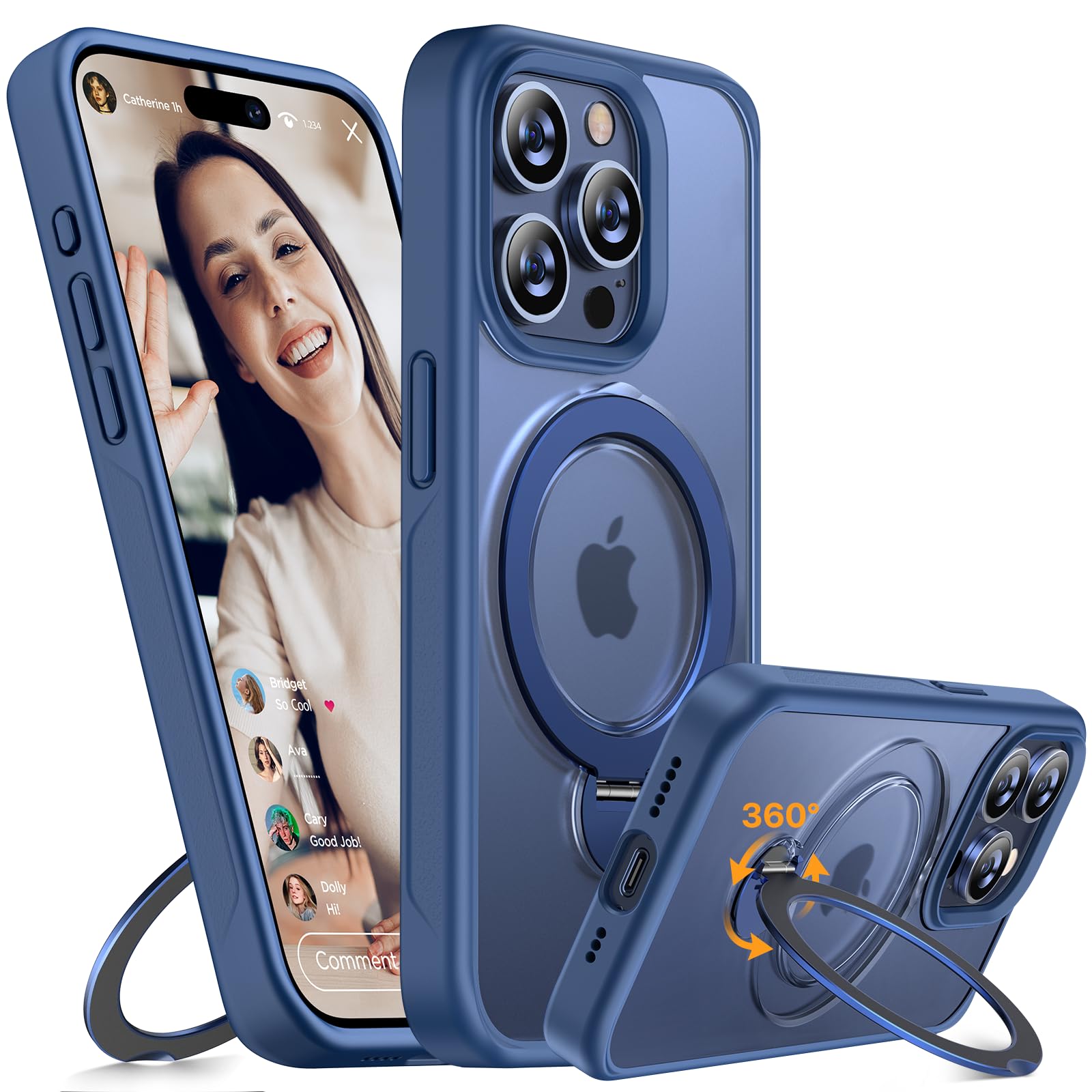 Miracase Magnetic Stand Case for iPhone 15 Pro Max - 360° Rotating MagSafe Compatible, Military-Grade Shockproof Protection, Matte Finish with Ring Holder (Blue) - Perfect for Work, Travel & Everyday Use