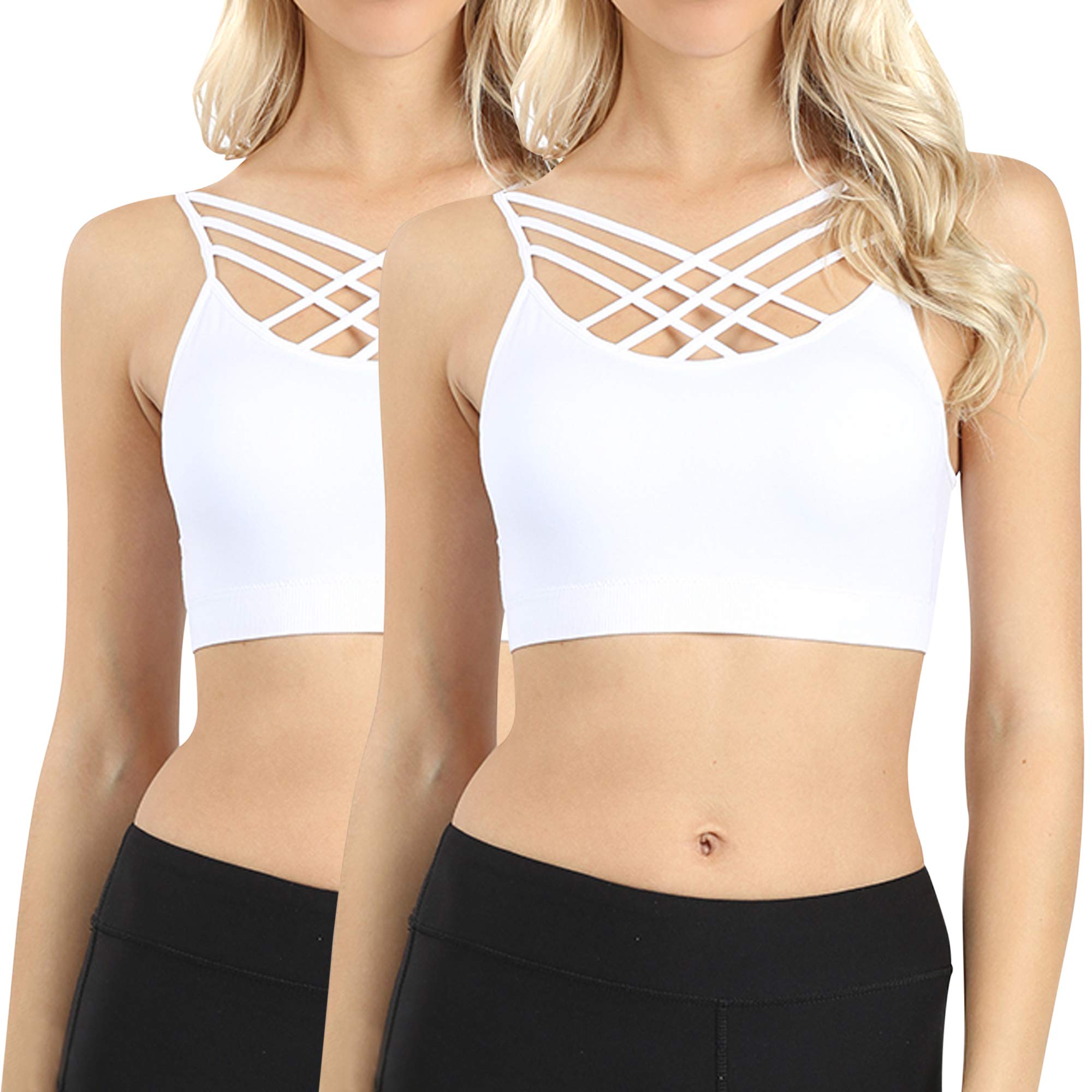 2PK Women's Seamless Crisscross Front Strappy Bralette Sports Bra - White/White with Removable Pads (S/M) - Yoga, Gym & Everyday Comfort Wear