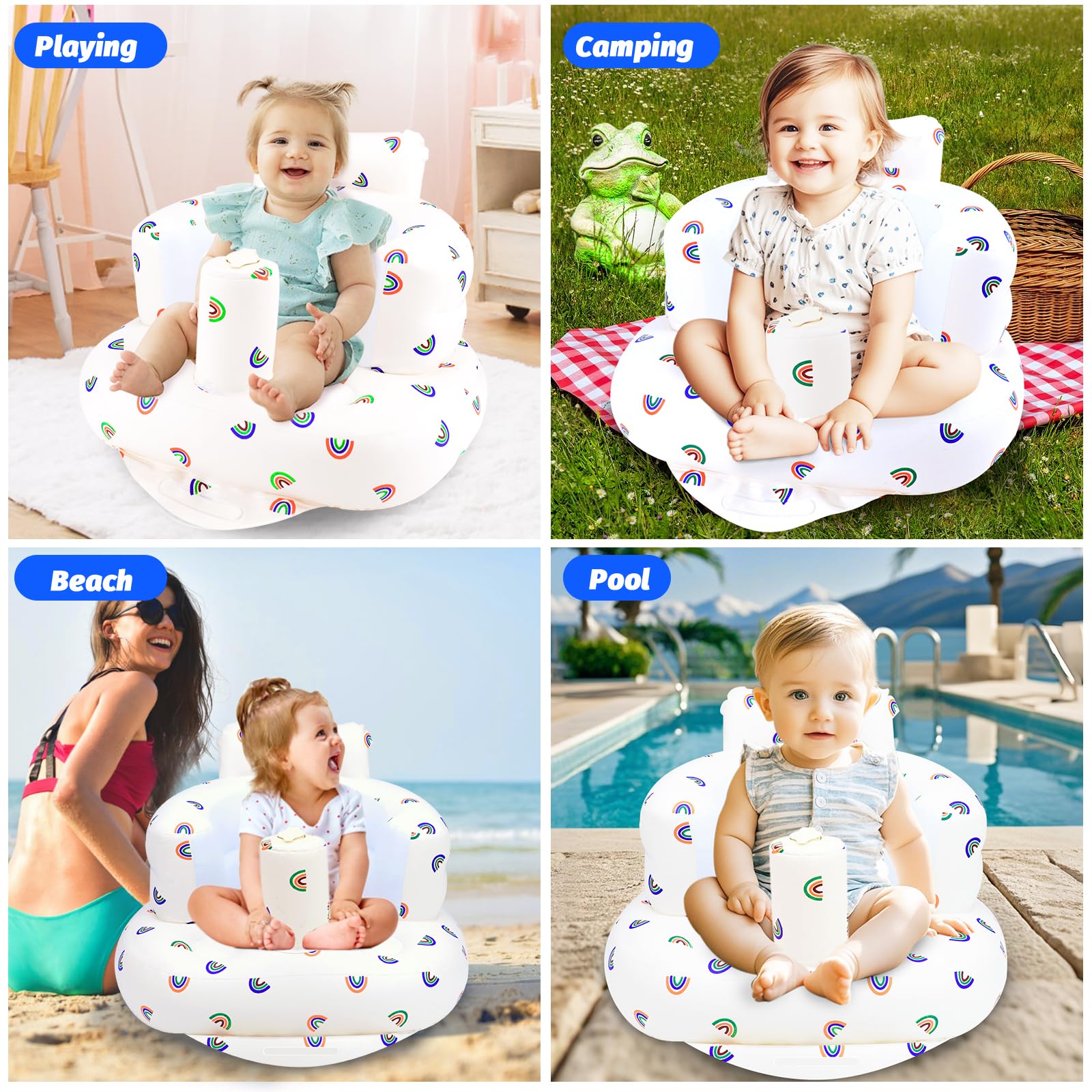 Inflatable Baby Chair with Built-in Air Pump - Portable Rainbow Baby Seat for Infants 3 Months & Up - Summer Inflatable Floor Seat for Sitting, Feeding & Playtime - Perfect for Indoor, Outdoor & Beach Use