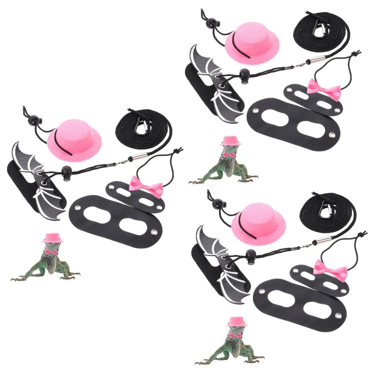 3 Sets Bearded Dragon Hat & Bow Tie with Adjustable Leash - Lizard Wings Harness for Leopard Gecko - Outdoor Reptile Costume Accessories for Pet Parties & Photo Shoots