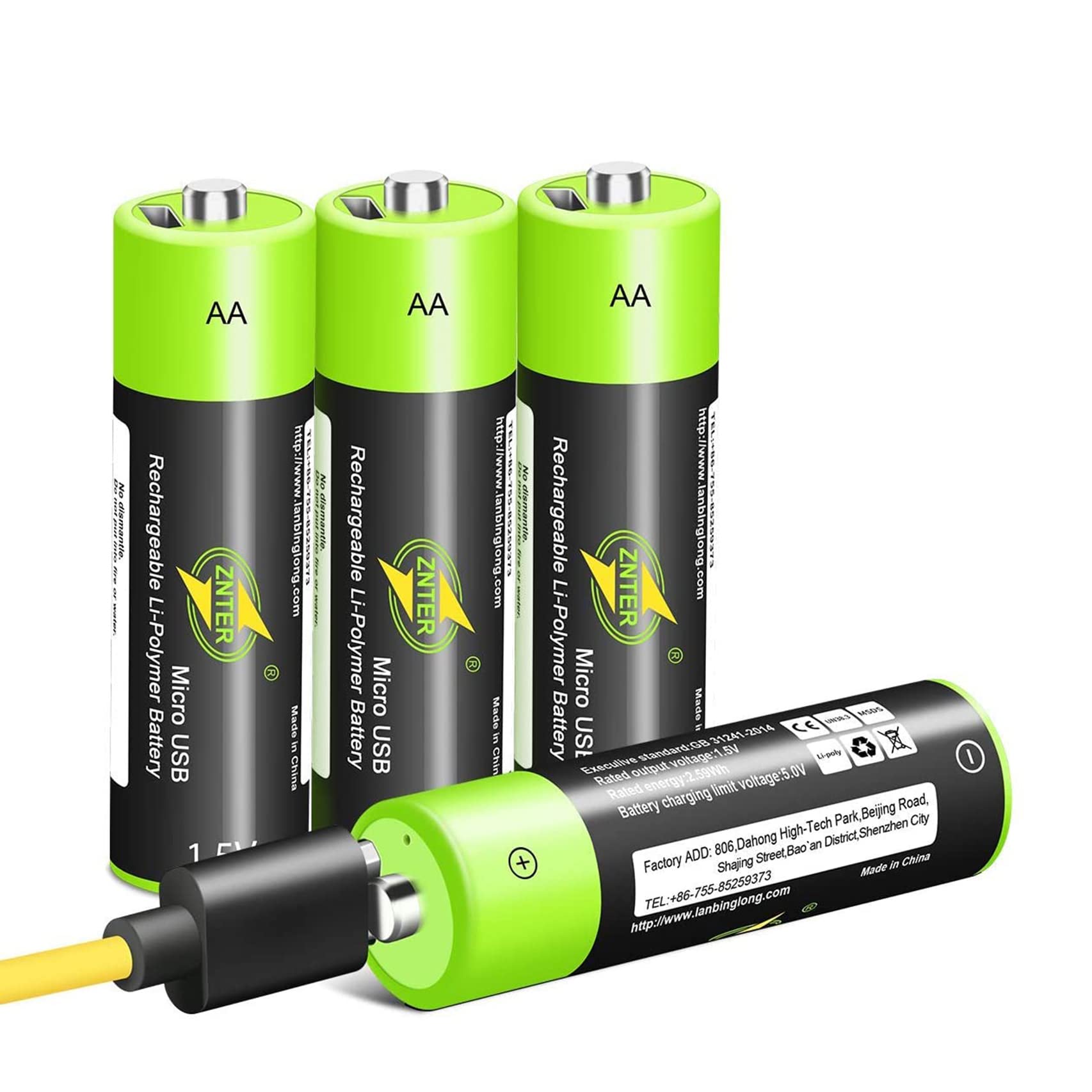 Rechargeable AA Lithium Batteries 1.5V 1700mAh - 4 Pack USB-C Rechargeable Li-ion Double A Batteries - Eco-Friendly No Memory Effect Batteries for Cameras, Flashlights, Toys & Electronics (Green)