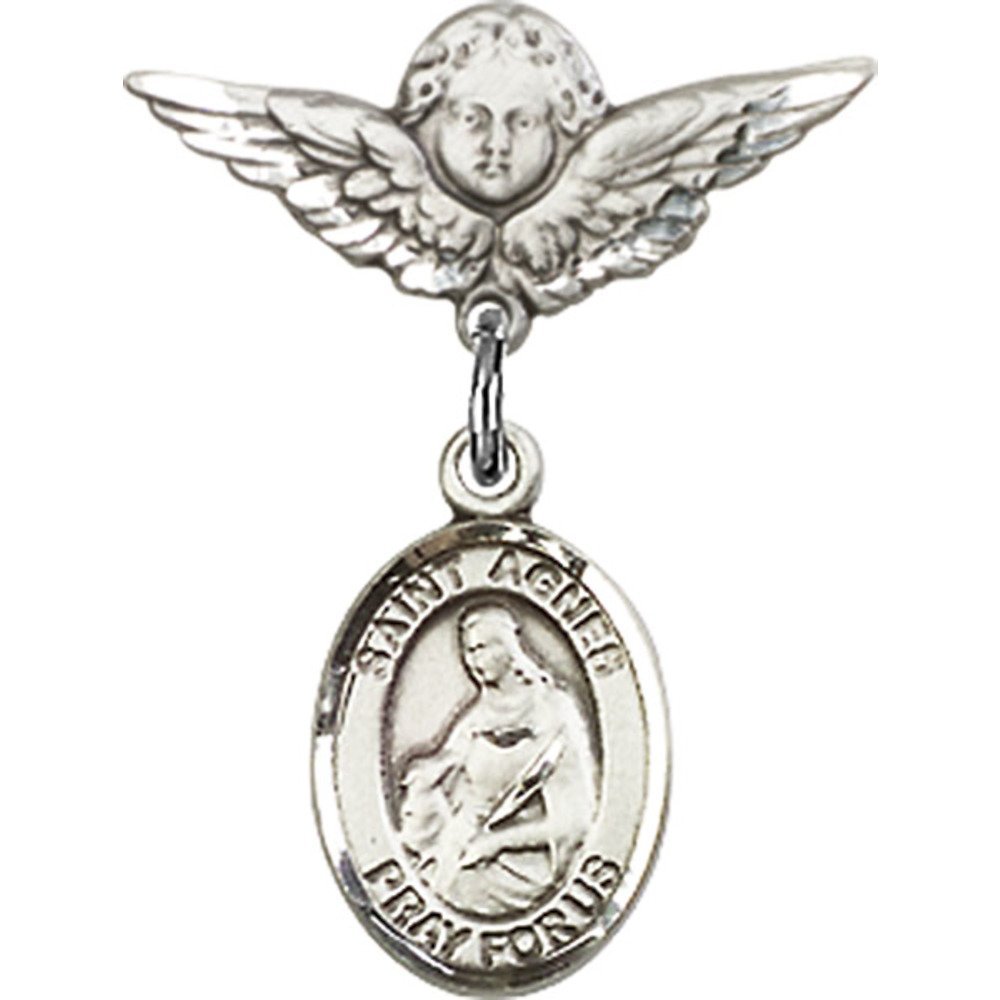 St. Agnes of Rome Sterling Silver Baby Badge with Angel Wing Charm - 7/8