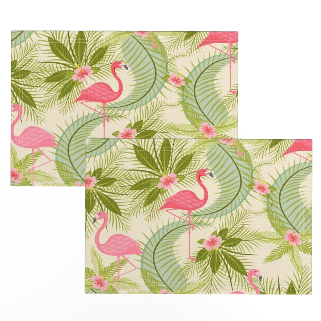 Flamingo Tropical Print Linen Cotton Canvas Placemats Set of 2 - Retro Hibiscus & Palm Tree Design for Dining Table Decor, Kitchen, Party, and Outdoor Picnic