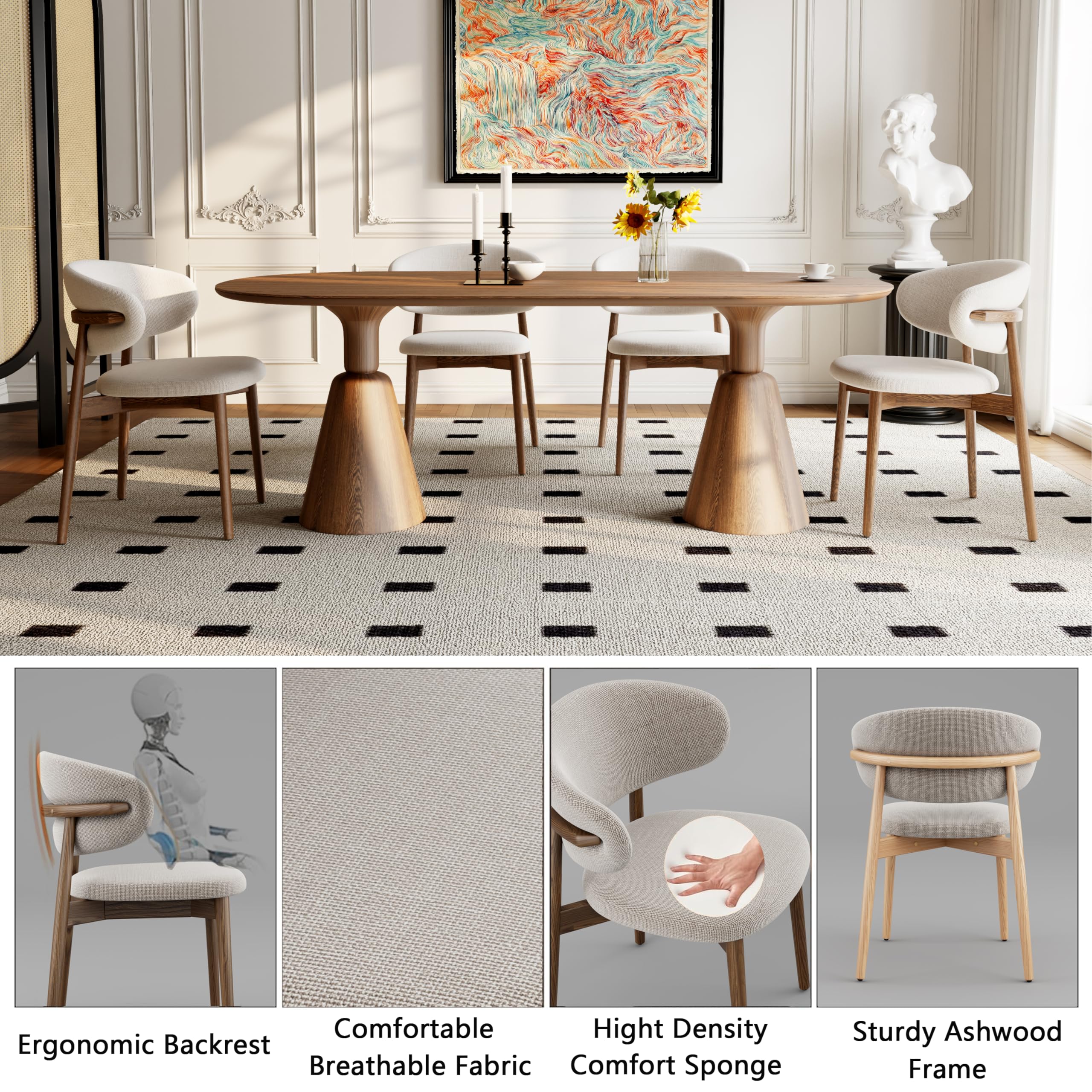 Modern Solid Wood Dining Chairs Set of 2 - Upholstered Curved Backrest Chairs with Natural Walnut Wood Legs (18.11 Inch Height) - Perfect for Kitchen, Dining Room, and Breakfast Nook Decor