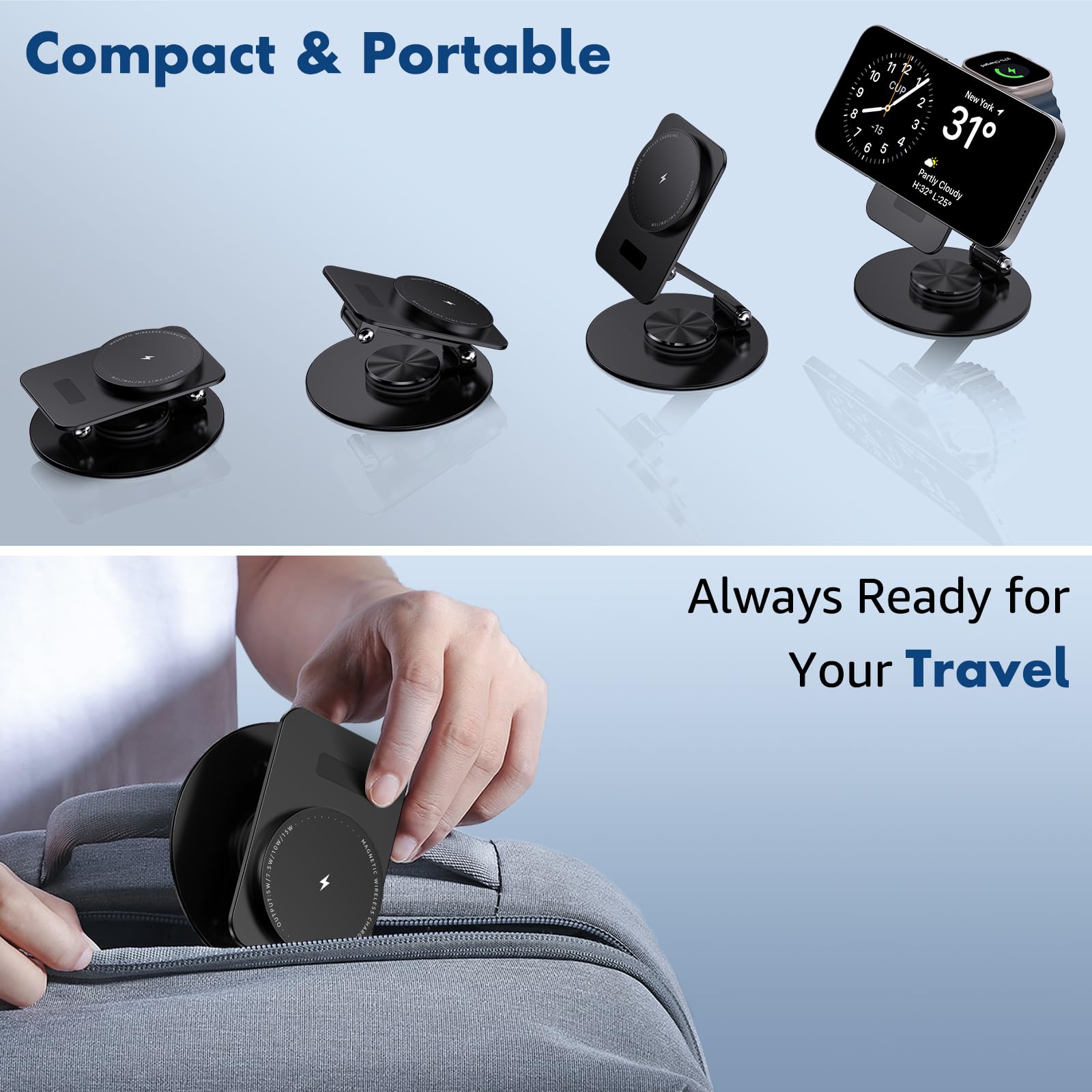 2-in-1 Foldable MagSafe Wireless Charging Station for iPhone 15 Pro/14/13/12 & Apple Watch 9/8/7/6/SE/5/4/3/2 - Fast Charging Stand with AirPods Holder (Black) | Perfect for Bedside, Office & Travel Use