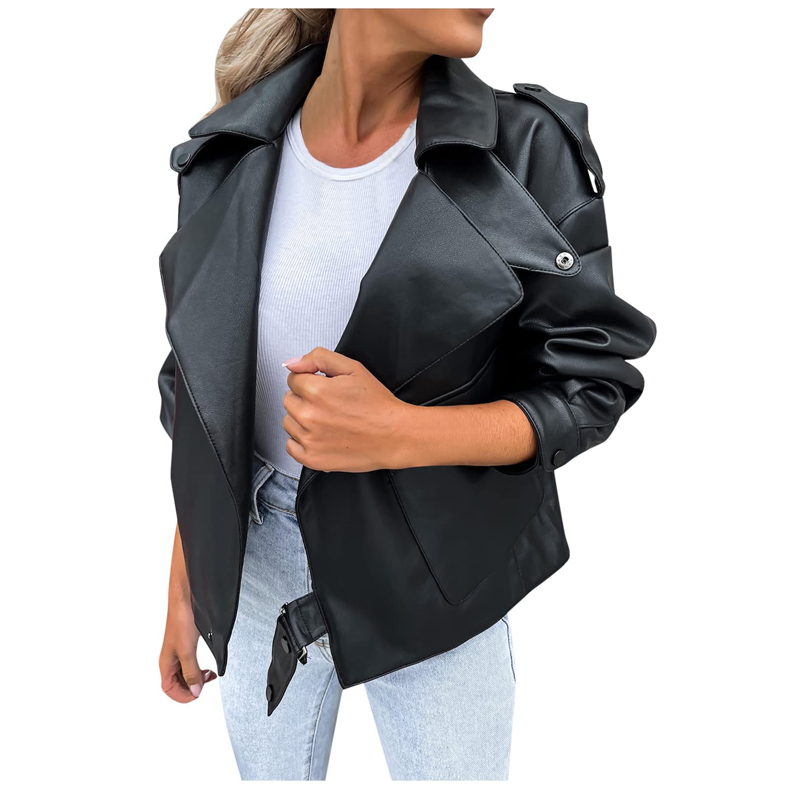 Women's Fitted Leather Jacket with Lace-Up & Pockets - Warm Fleece Lined Coat for Autumn Winter - Stylish Long Sleeve Outerwear for Casual Outings, Date Nights & Office Wear