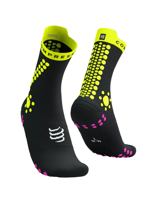 Compressport Unisex Pro Racing Socks v4.0 - Trail Running Socks for Men & Women - Breathable, Cushioned Performance Socks - Black/Safe Yellow/Neo Pink - Ideal for Marathon, Hiking & Outdoor Sports