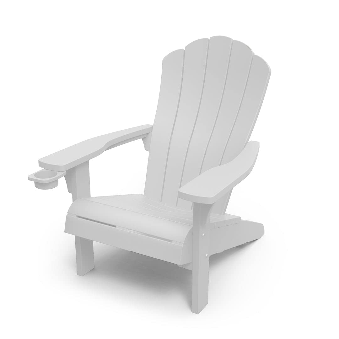 Premium White Resin Adirondack Chair with Built-in Cup Holder - Weather-Resistant Outdoor Patio, Garden & Deck Furniture for Relaxing in Backyard, Poolside or Porch