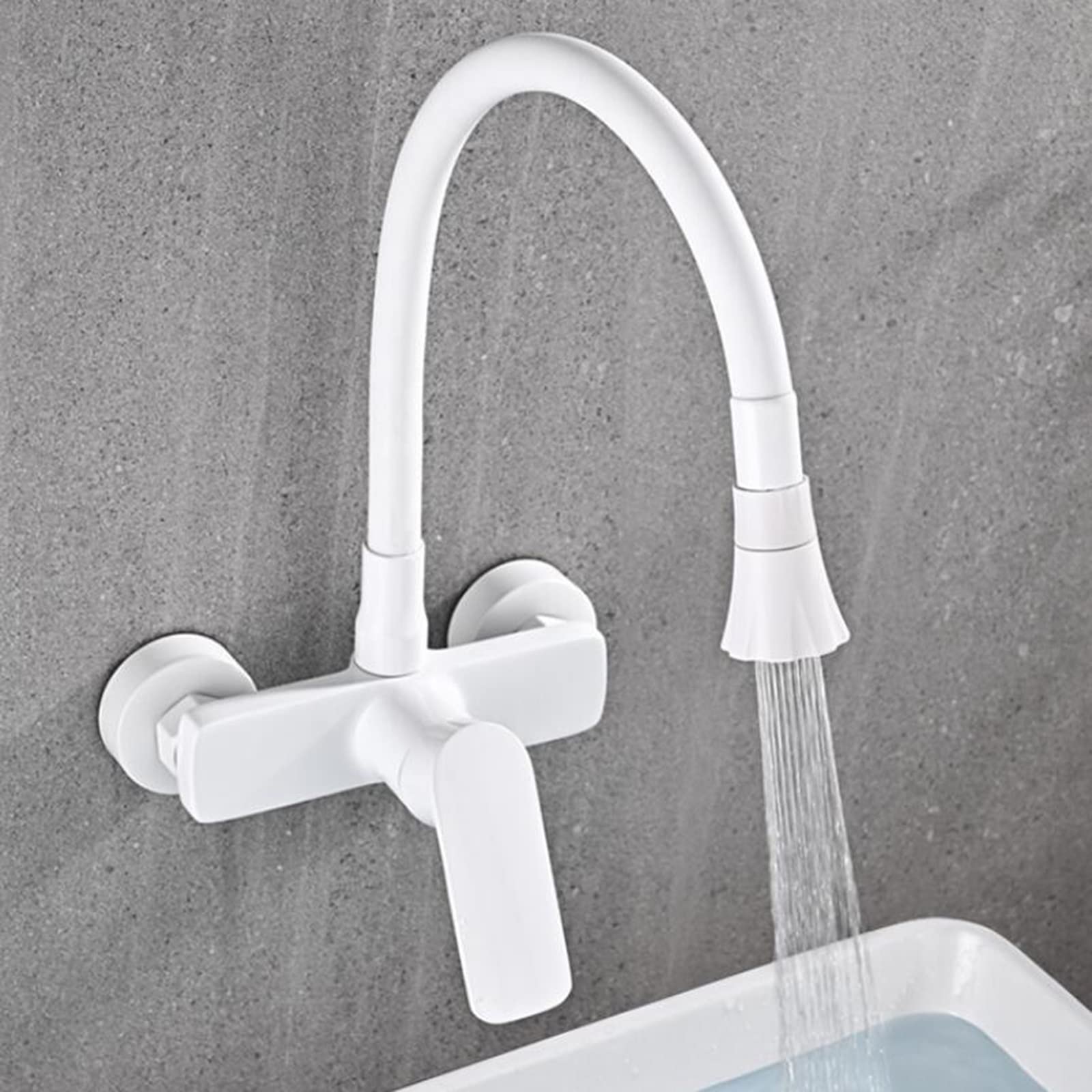 Wall Mount Kitchen Faucet with Brass Showerhead - Hot/Cold Water Swivel Sink Faucet in White | Perfect for Small Kitchens, RV Bathrooms & Outdoor Sinks