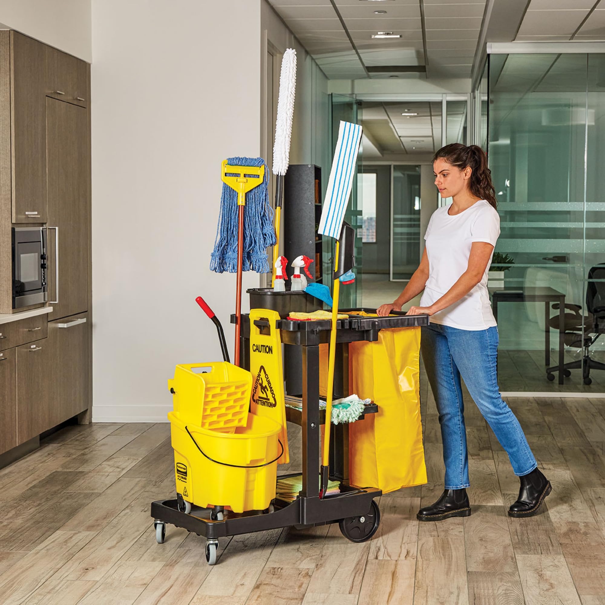 Rubbermaid Commercial 3-Shelf Cleaning Cart with Wheels & Zippered Yellow Vinyl Bag - Heavy Duty Janitorial Cart for Office, School, Business - Ideal for Mopping, Dusting & Organizing Cleaning Supplies