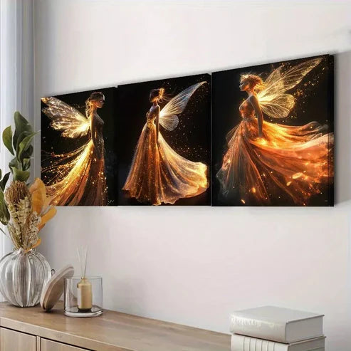 3-Piece Graceful Fairy in Shiny Dress Wall Art Set - 60x90cm Framed Canvas Prints | High Quality Australian Made | Ready to Hang | Perfect for Nursery, Bedroom & Living Room Decor