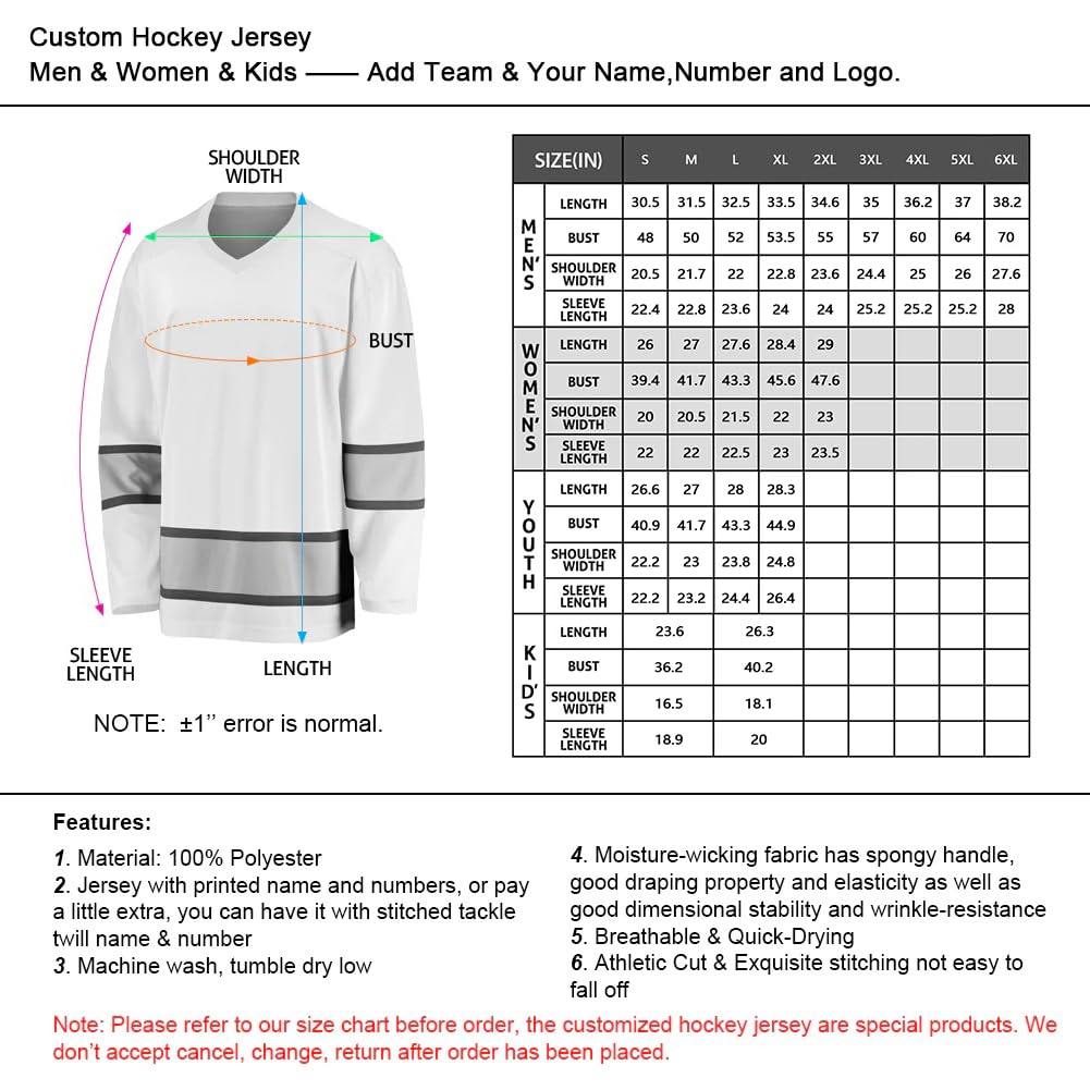 Custom Hockey Jerseys for Men, Women & Youth - Personalized Name & Number - Sizes S-5XL - Perfect for Games, Gifts & Fan Apparel