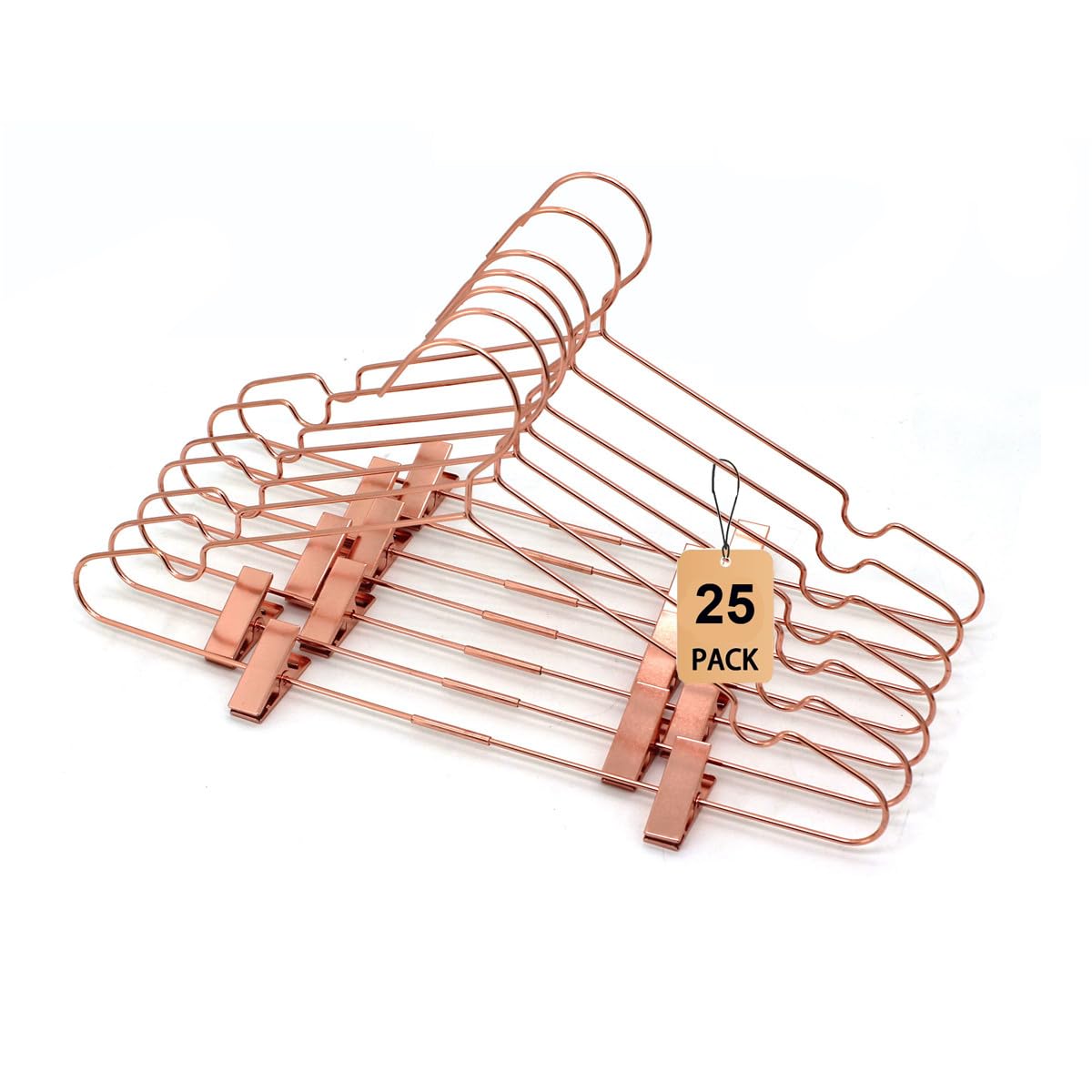 Rose Gold Metal Wire Clothes Hangers with Shiny Clips - 16.5 Inch Heavy Duty Hangers for Suits, Pants & Coats - Space Saving Wardrobe Organizer (25 Pack) - Perfect for Closet Storage & Retail Display