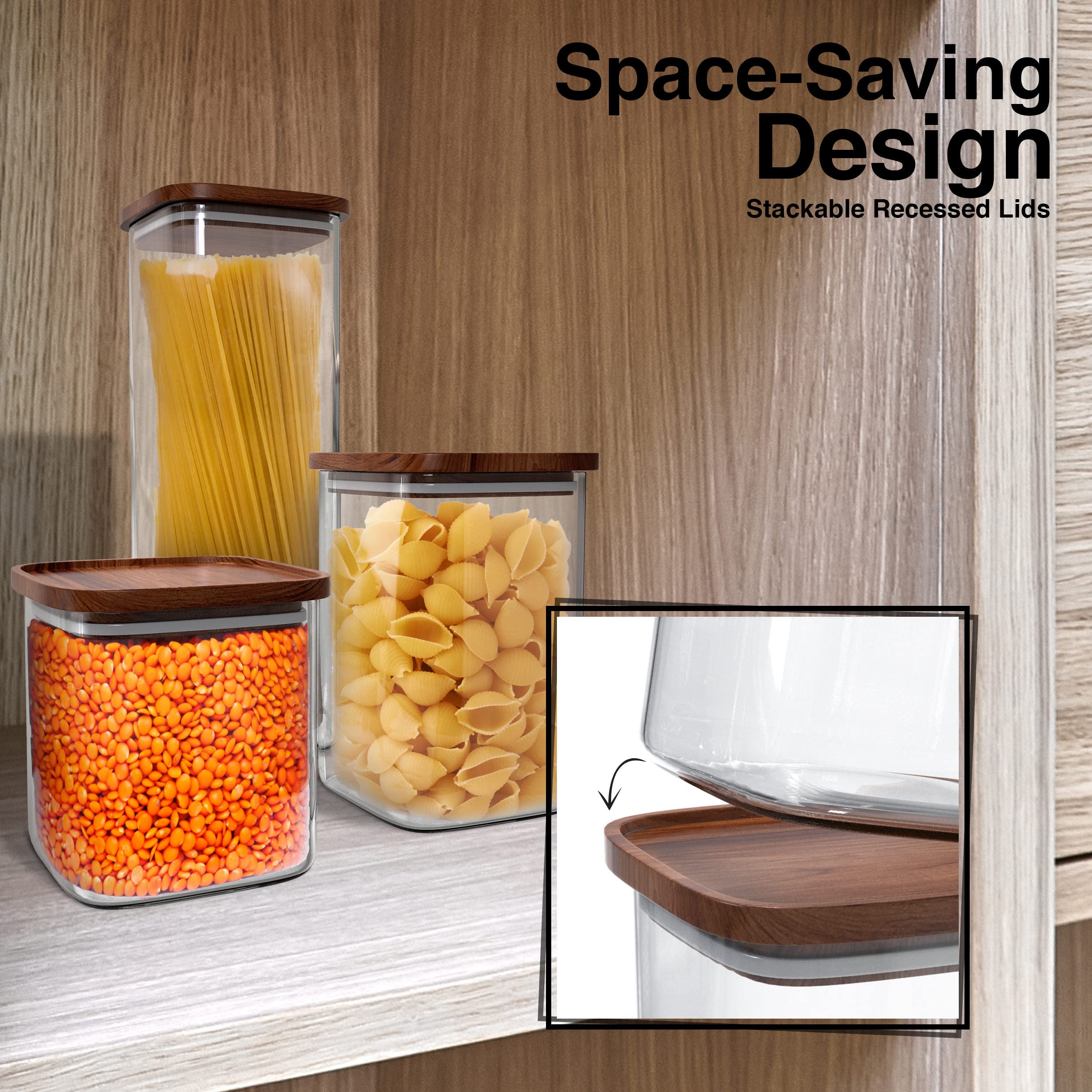 Square Glass Jars with Wooden Lids - Set of 2 (52 fl oz) | Airtight & Stackable Eco-Friendly Storage Containers for Kitchen Pantry | BPA-Free & Recyclable Food Canisters for Cookies, Coffee Beans, Tea, Spices | Perfect for Home Organization & Bulk Food Storage
