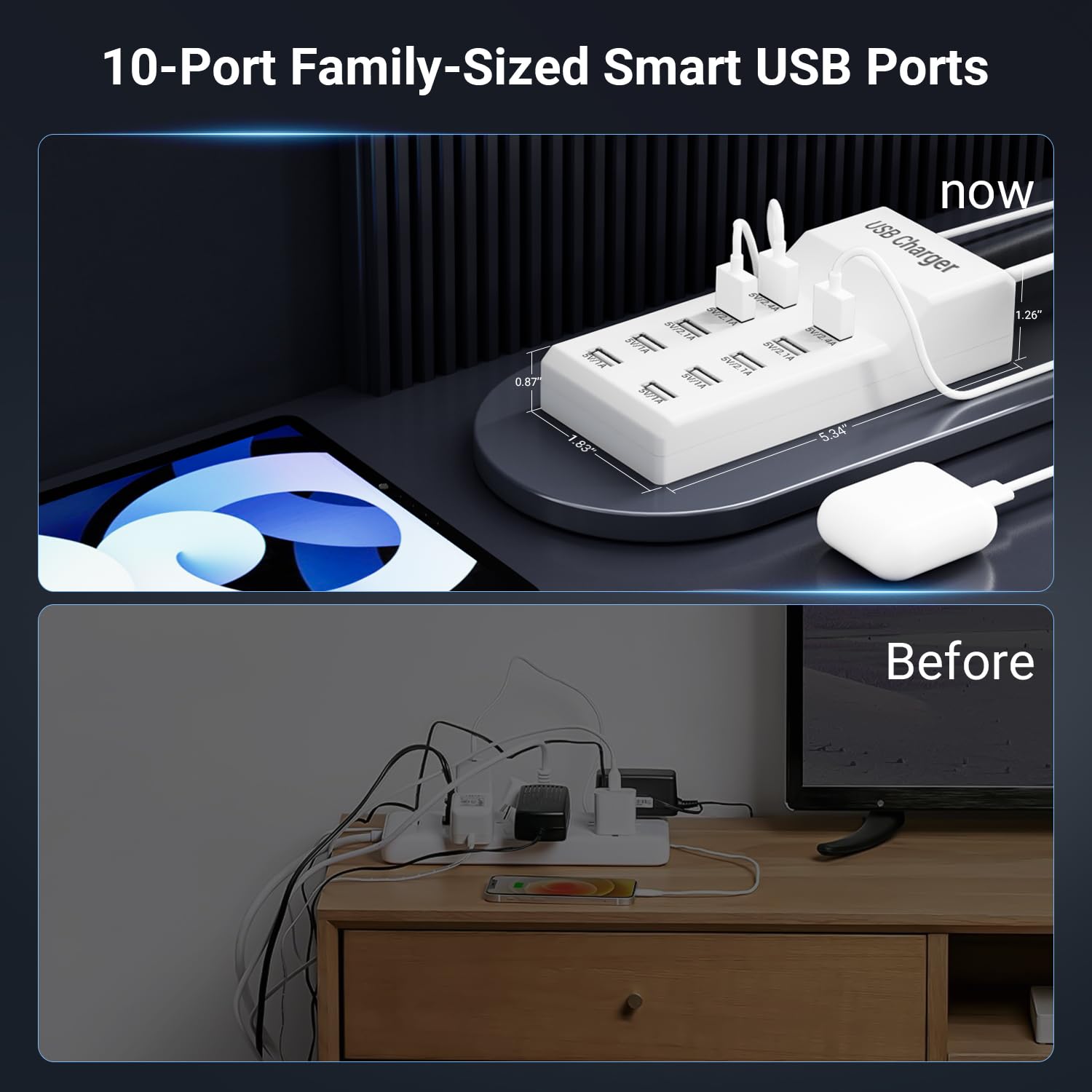 10-Port USB Charging Station - Fast Multi-Port USB Hub Charger for iPhone 15/14/13, Samsung Galaxy S23/S22, iPad Pro/Air/Mini - White Desktop Charging Dock (Model YC-A10) - Perfect for Home, Office & Travel Use