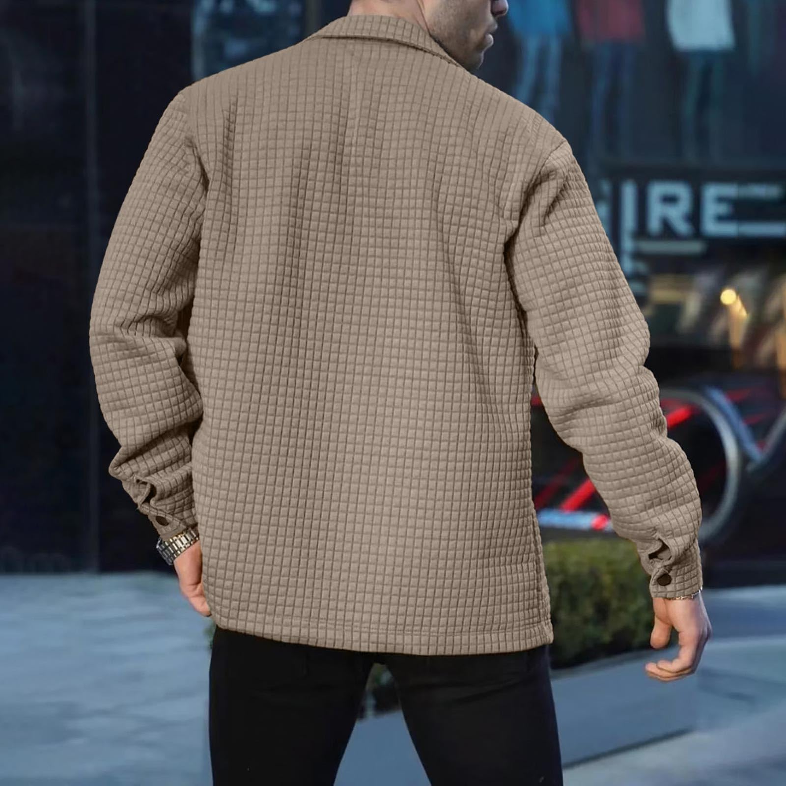 Men's Waffle Knit Long Sleeve Button Down Shirt Jacket - Stylish Cardigan Coat with Pockets for Casual Wear & Outdoor Activities