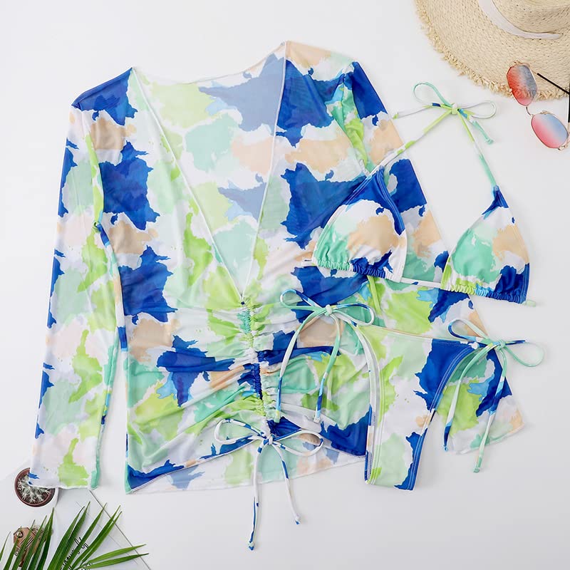 Women's 3 Piece Printed Triangle Halter Bikini Set with Drawstring Long Sleeves Mesh Beach Cover Up - Sexy Swimwear for Summer Vacation, Pool Party & Tropical Getaway