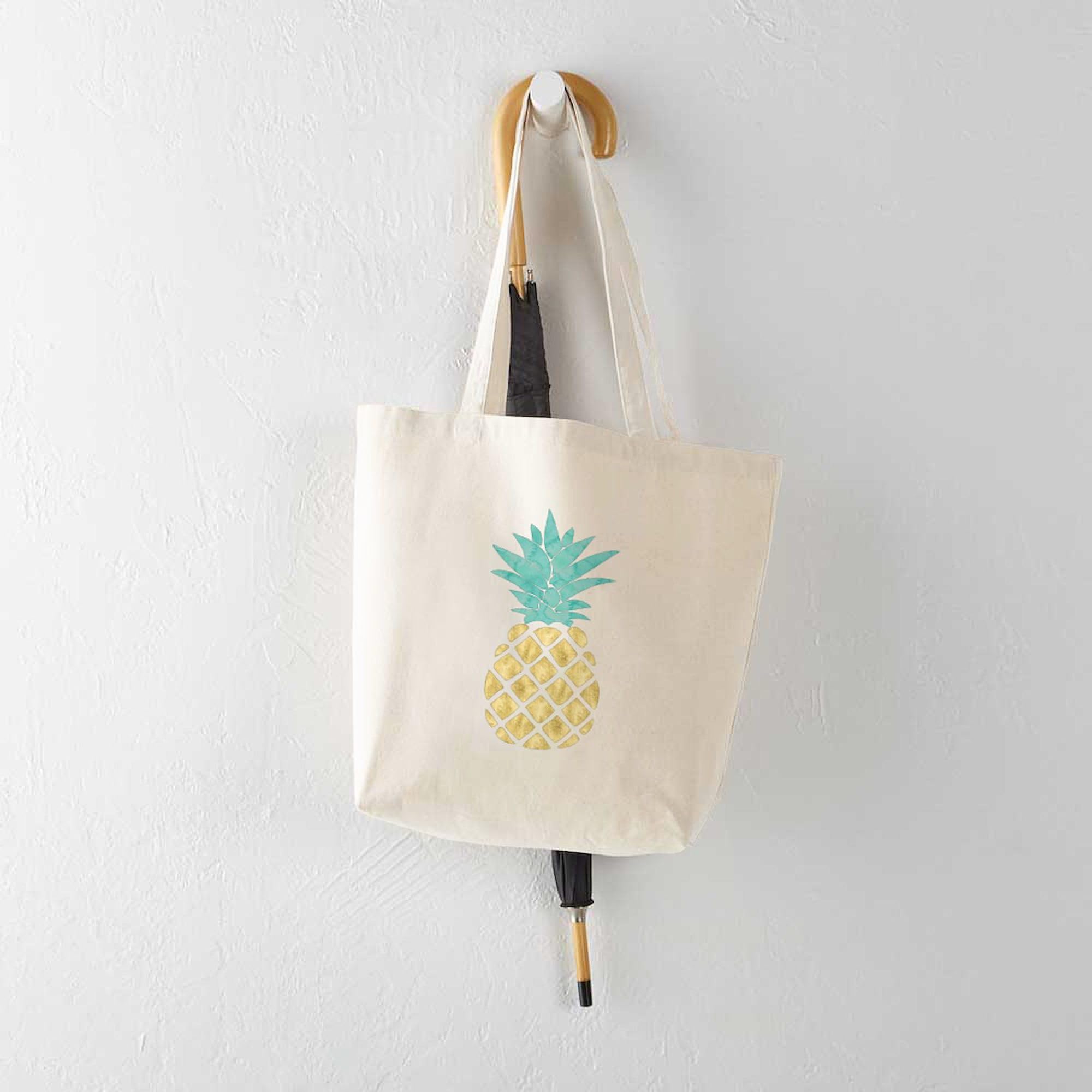 Golden Pineapple Tote Bag - Natural Canvas Reusable Shopping Bag for Women - Eco-Friendly Grocery Tote for Beach, Market & Daily Use