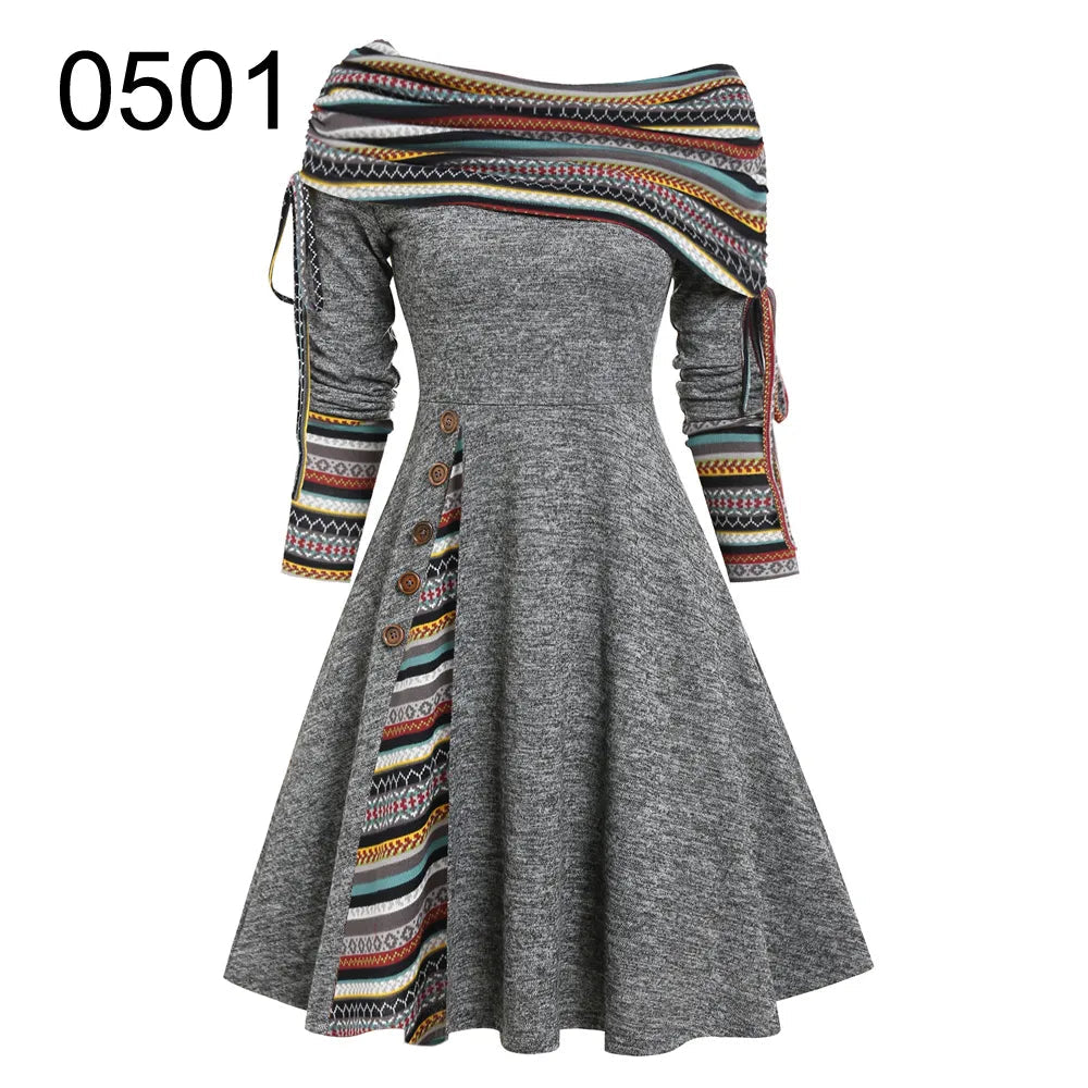 **Women's 2024 Striped Knit Convertible Dress - Off Shoulder, Long Sleeve, Cinched Waist & Flare Hem | Perfect for Date Night, Parties & Casual Outings**