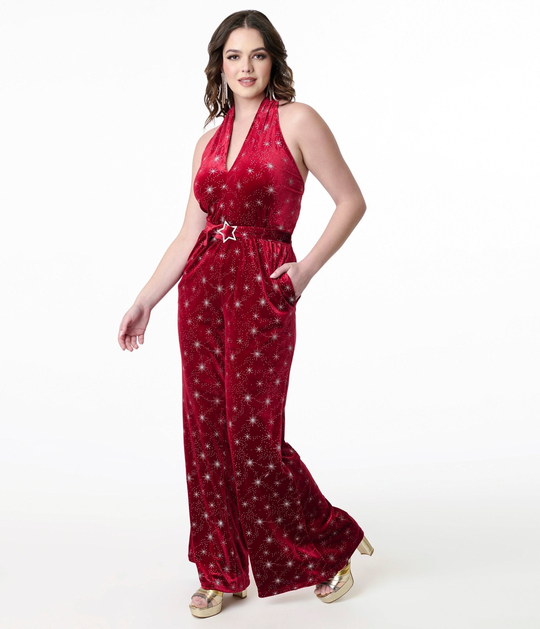 Smak Parlour 1970s Red & Silver Star Velvet Jumpsuit - Retro Vintage Party Outfit for Women | Perfect for Halloween, Disco Theme Parties & 70s Costume Events