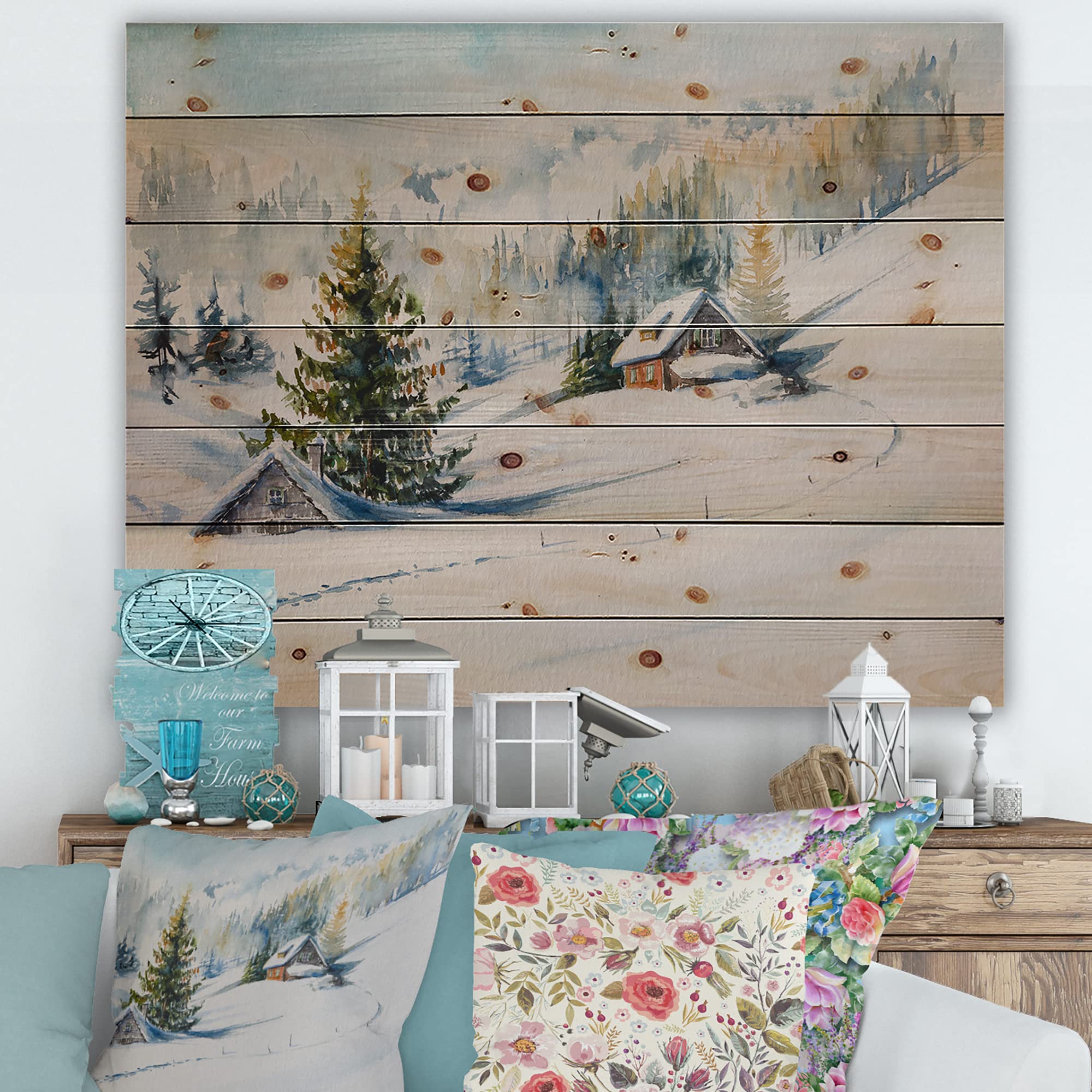 DesignQ Little House In The Winter Mountains - Traditional Winter Landscape Print on Natural Pine Wood Wall Art | Rustic Cabin Decor for Living Room, Bedroom & Office