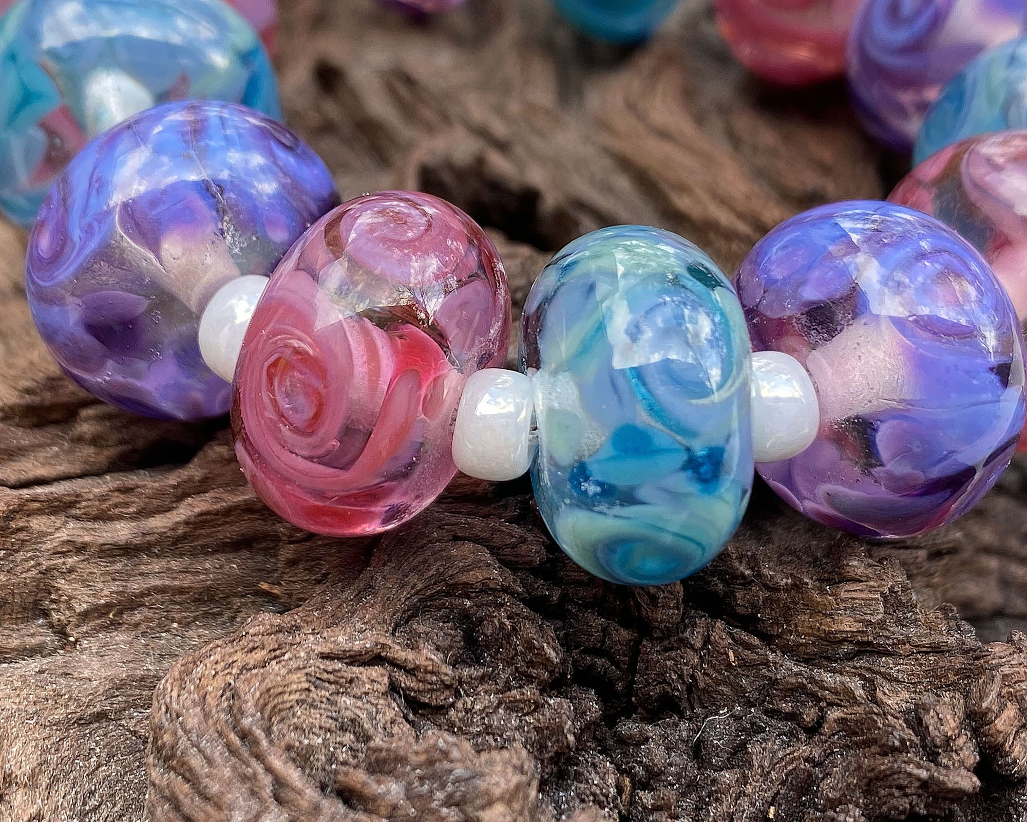 Vibrant Purple, Pink & Blue Swirl Lampwork Glass Beads Set - Handmade SRA Certified Beads for Jewelry Making, DIY Crafts & Home Decor Projects