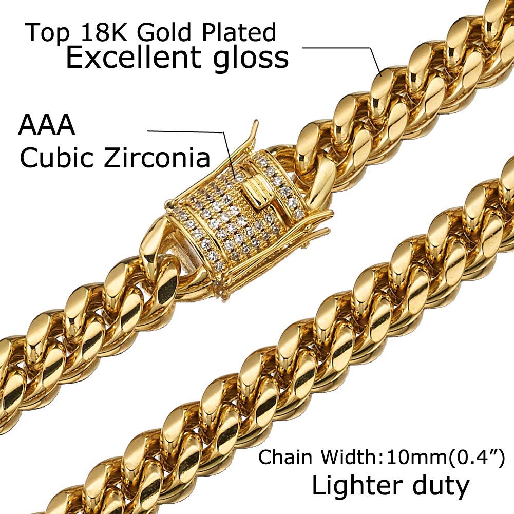 10mm Miami Cuban Link Chain 18K Gold Plated Stainless Steel Necklace for Men & Women | Curb Chain with CZ Diamonds | Durable Solid Chain for Everyday Wear, Parties & Gifts