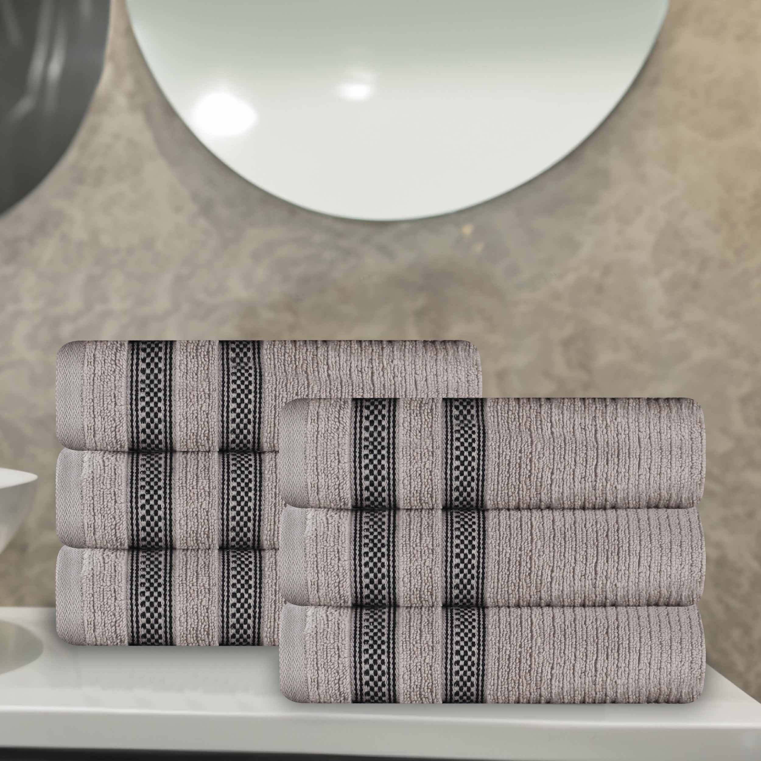 Premium Zero Twist Cotton Ribbed Geometric Border Plush Hand Towel Set of 6 - Ultra Soft & Absorbent Bathroom Towels for Guest Bath, Kitchen, Spa, and Luxury Home Decor