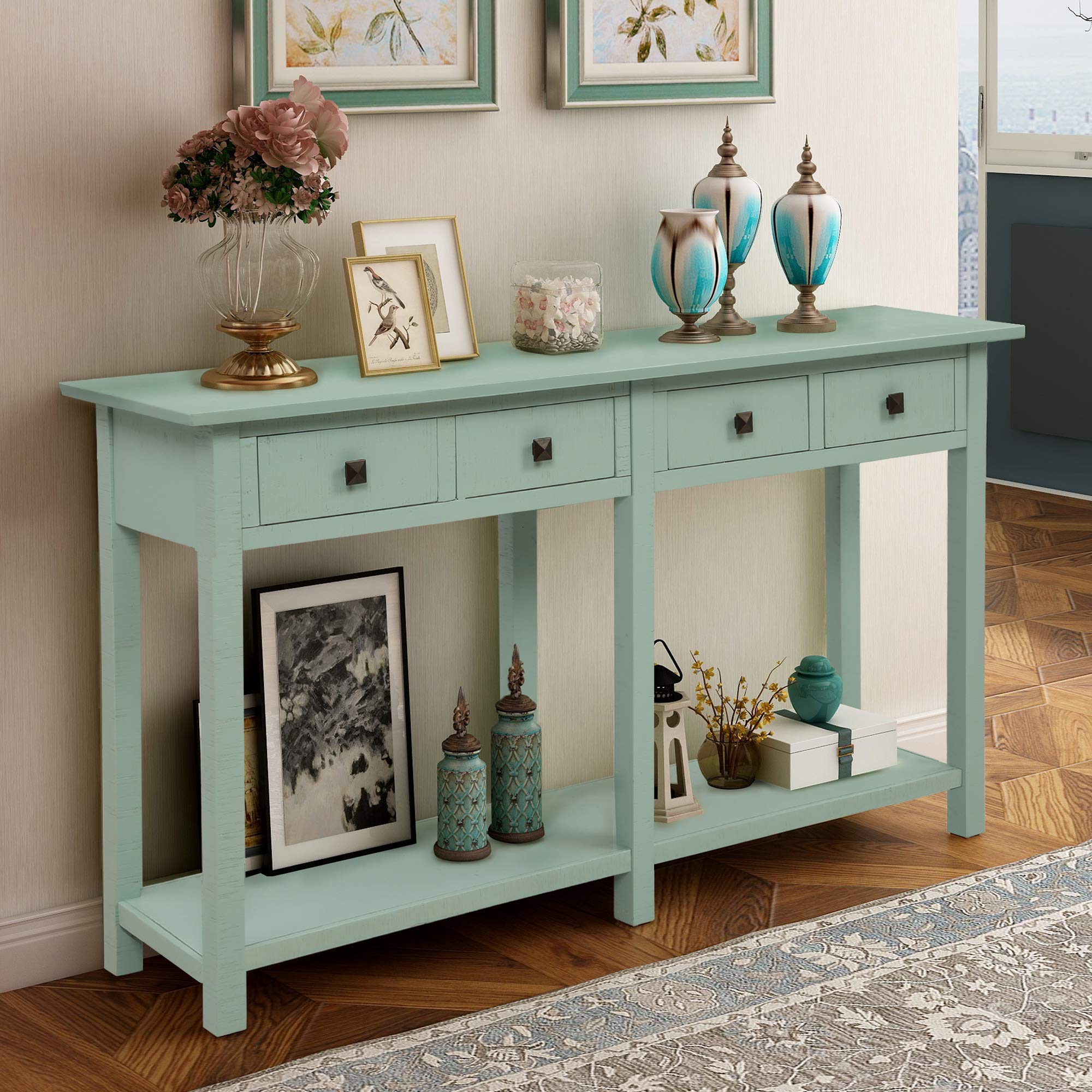 Rustic Entryway Console Table with Drawers & Bottom Shelf - Brushed Texture Grey Wash Wooden Hallway Table for Living Room, Foyer & Entry Decor | Fast 3-7 Day Shipping