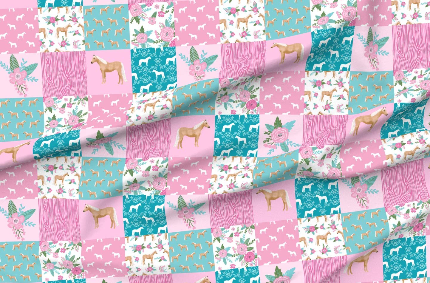 Premium Spoonflower Fabric - Horse Cheater Quilt Palomino Pink Aqua Floral Equestrian Design Printed on Soft Minky Fabric by The Yard - Perfect for Sewing Baby Blankets, Quilt Backing & Plush Projects | DIY Nursery Decor, Equestrian-Themed Bedding & Cozy Home Textiles
