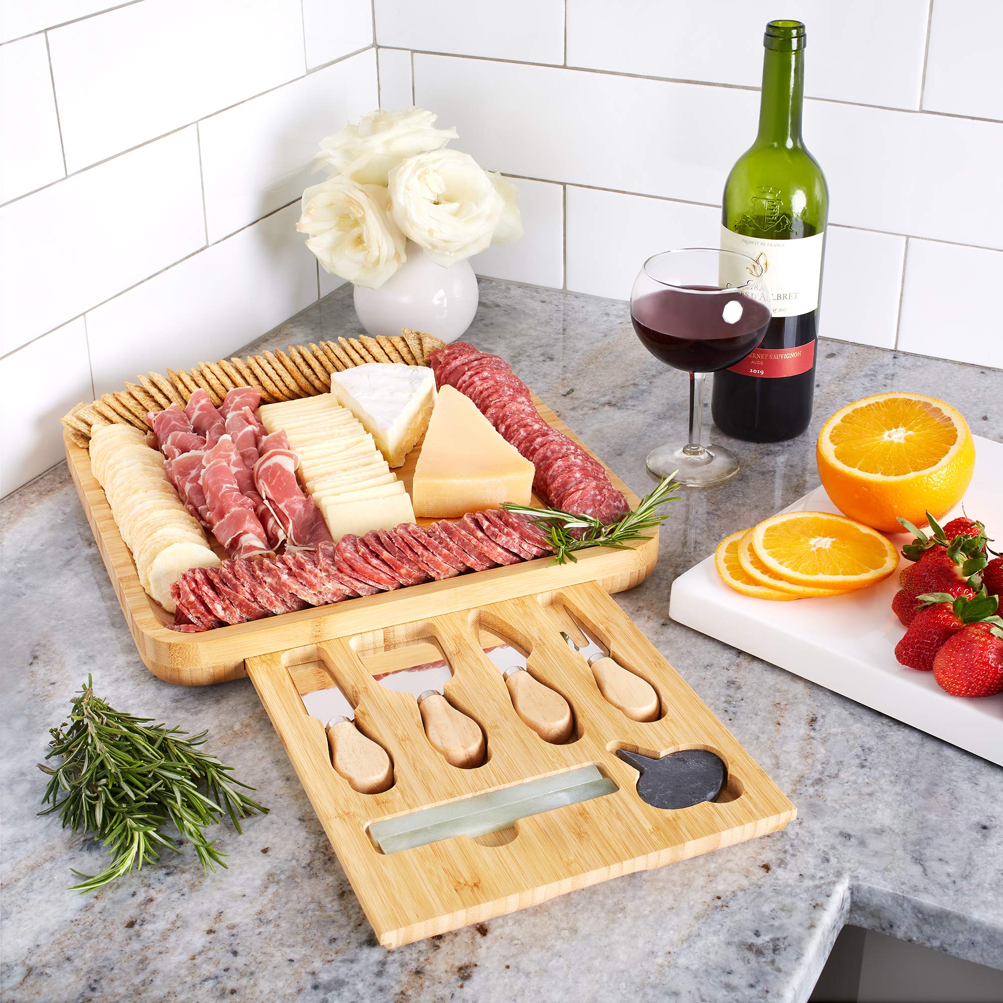 Premium Bamboo Cheese Board Set with Knives, Slate Labels & Chalk Marker - Elegant Charcuterie Platter for Entertaining | Perfect Gift for Wine Lovers, Bridal Showers & Weddings | Includes Drawer Storage & Travel Bag for Picnics & Parties