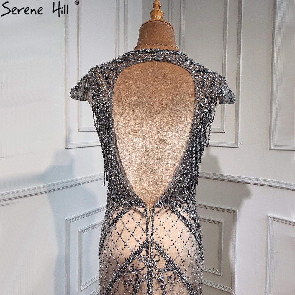 Elegant Grey Nude Mermaid Evening Gown with Beading & Backless Design - Luxury Women's Party Dress for Prom, Gala & Special Occasions - Serene Hill Collection LA70799