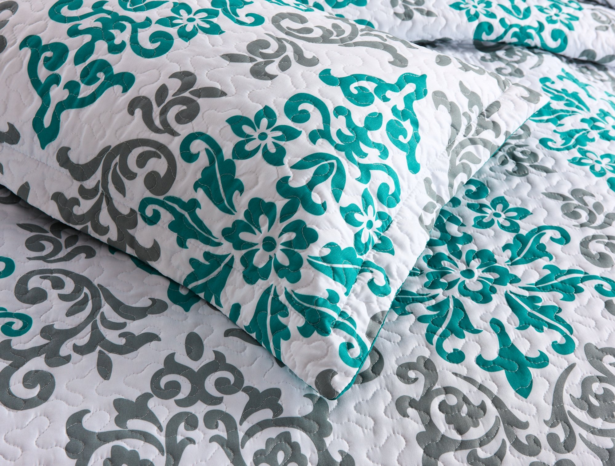 MarCielo 3-Piece Quilted Bedspread Set - Queen Size Lightweight Printed Coverlet & Throw Blanket in Turquoise Katrina Blue | Soft Bedding Ensemble for Master Bedroom, Guest Room & Cozy Home Decor