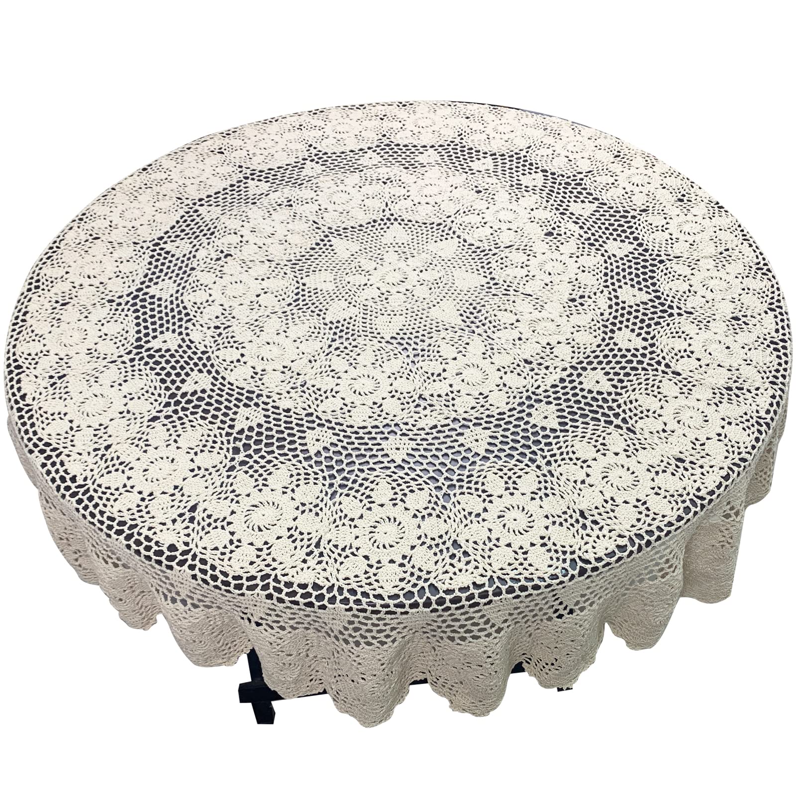 Handmade Crochet Round Tablecloth 60-inch Beige Lace Table Cover Floral Design for Bedroom Kitchen Coffee Table Dining Table - Perfect for Boho Home Decor Wedding Party & Holiday Dining