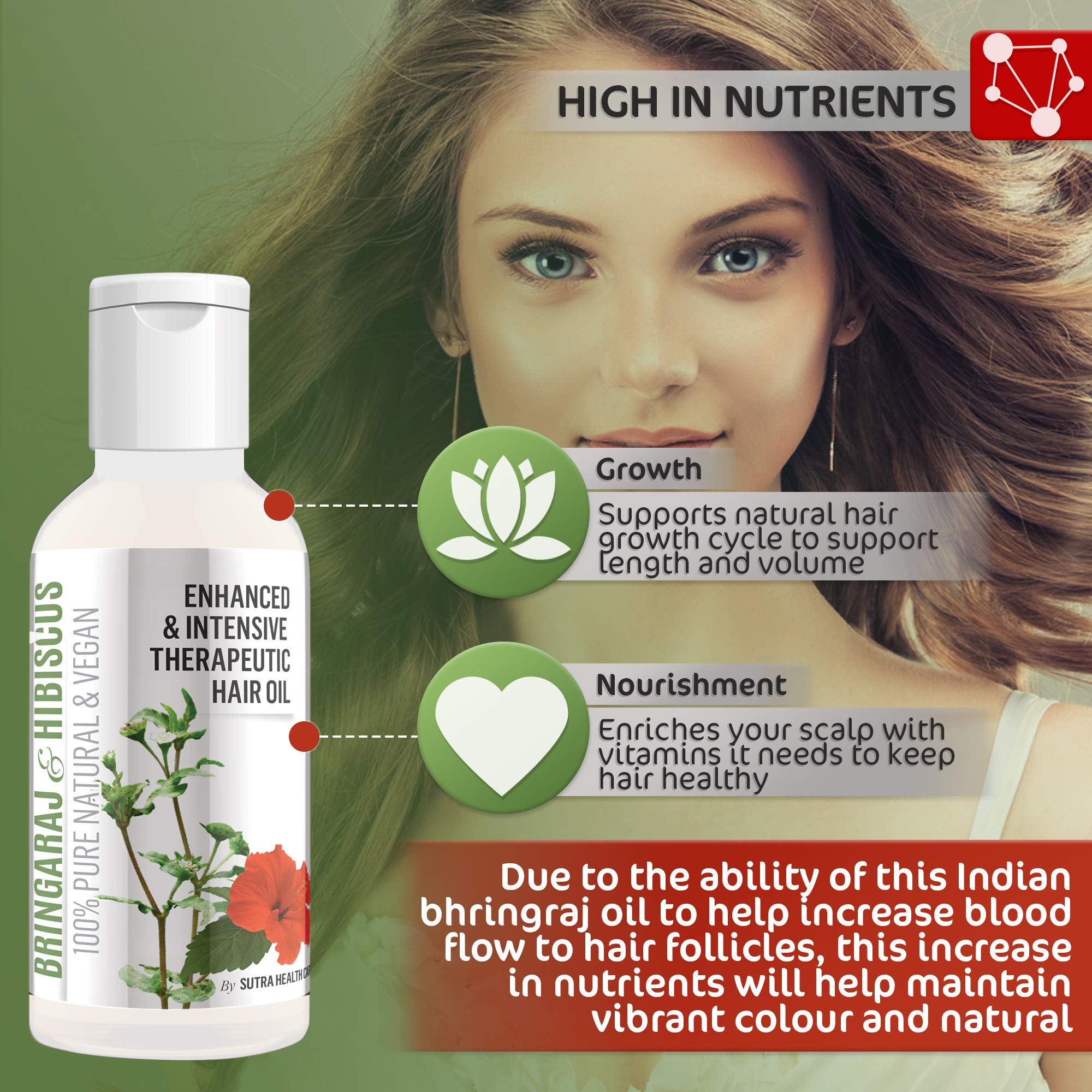 Vriddhi Intensive Bhringraj, Brahmi, Hibiscus Hair Oil - 100ml Ayurvedic Hair Growth Treatment for Thicker, Longer Hair & Dandruff Control | Natural Remedy for Hair Loss, Dry Scalp & Split Ends | Perfect for Daily Hair Care & Scalp Massage